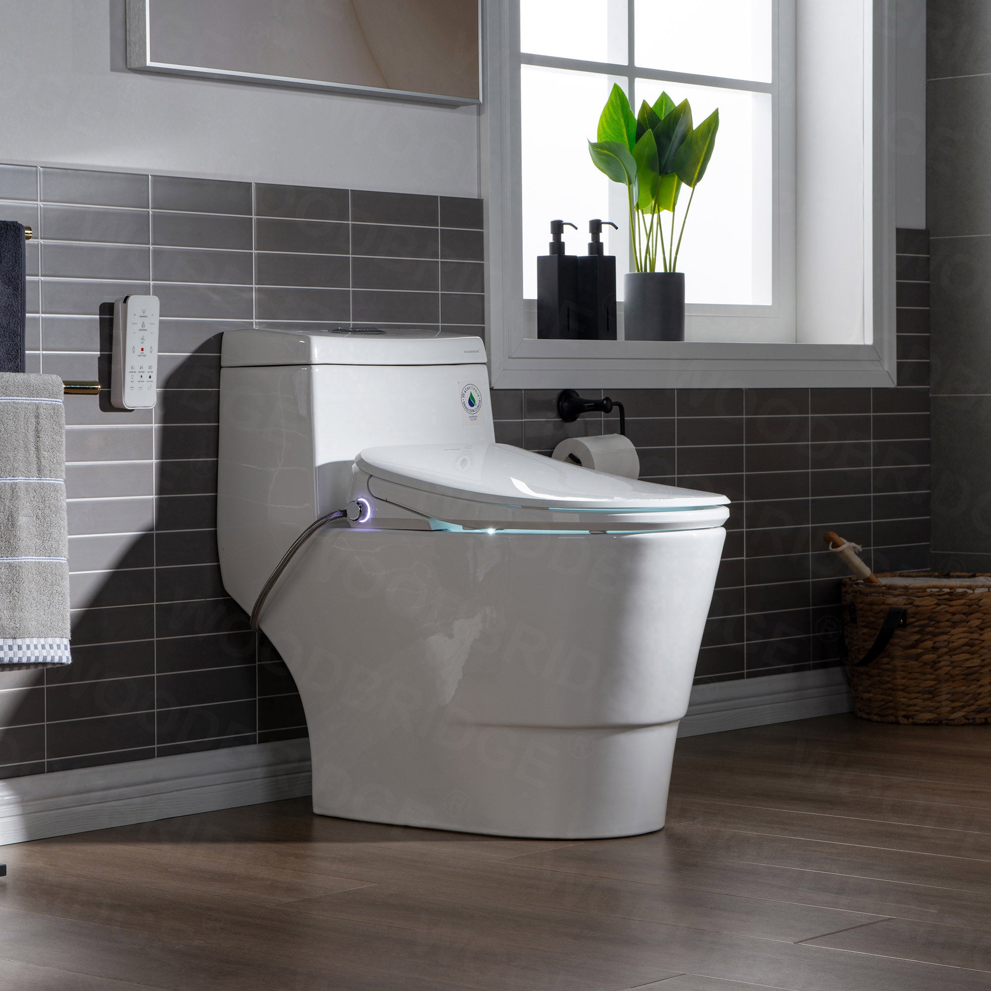 WOODBRIDGE T-0041 Elongated one Piece toilet with Smart Bidet Seat, Electronic Advanced Self Cleaning, Soft Close Lid, Adjustable Water Temperature, LED Nightlight, Heated Seat, Warm air Dryer