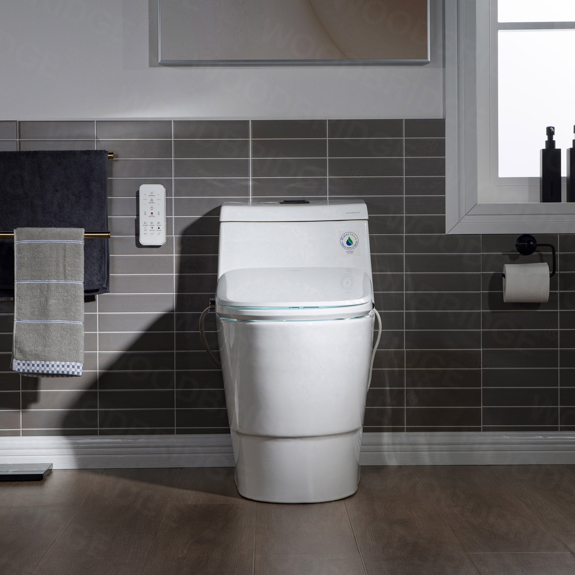 WOODBRIDGE T-0041 Elongated one Piece toilet with Smart Bidet Seat, Electronic Advanced Self Cleaning, Soft Close Lid, Adjustable Water Temperature, LED Nightlight, Heated Seat, Warm air Dryer