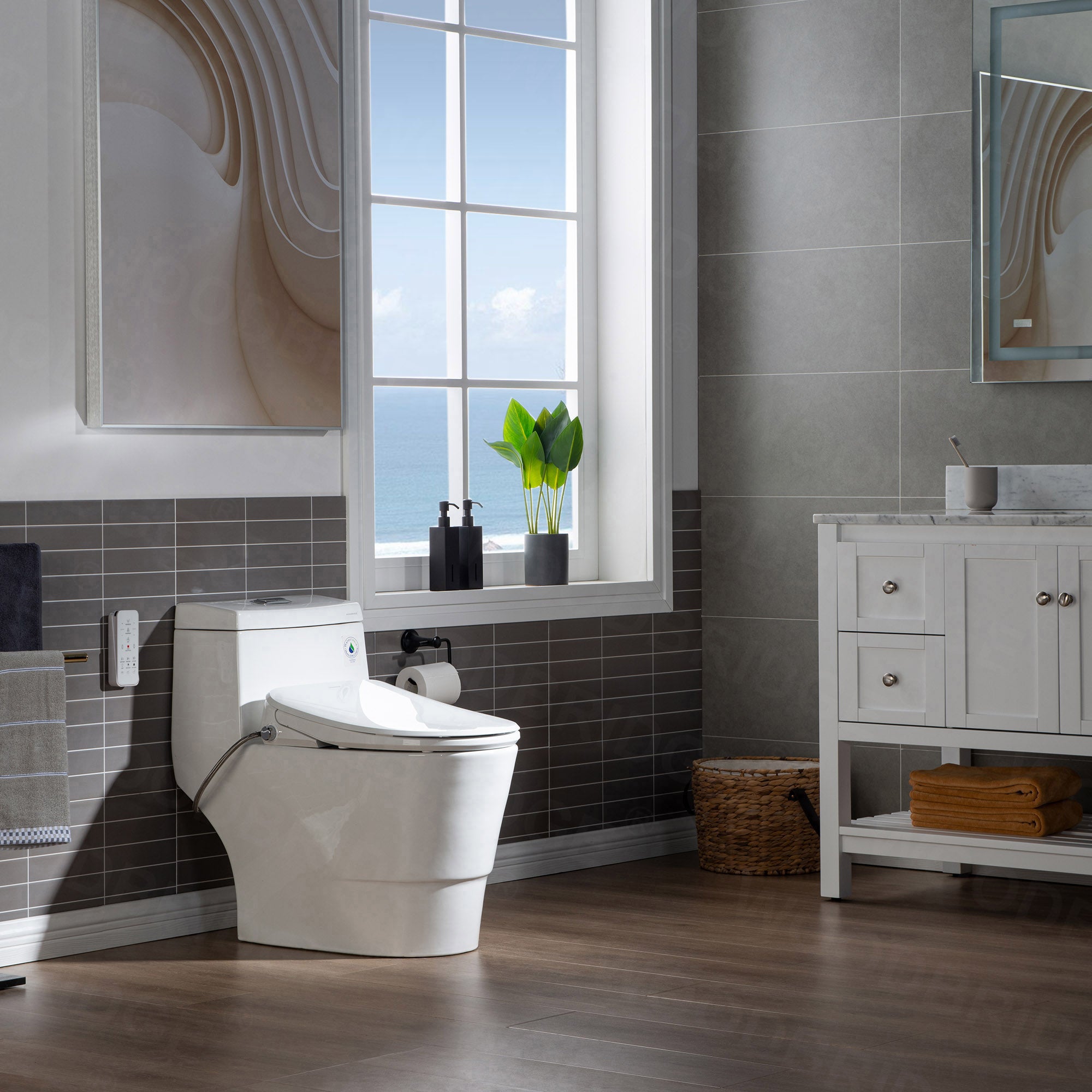 WOODBRIDGE T-0041 Elongated one Piece toilet with Smart Bidet Seat, Electronic Advanced Self Cleaning, Soft Close Lid, Adjustable Water Temperature, LED Nightlight, Heated Seat, Warm air Dryer