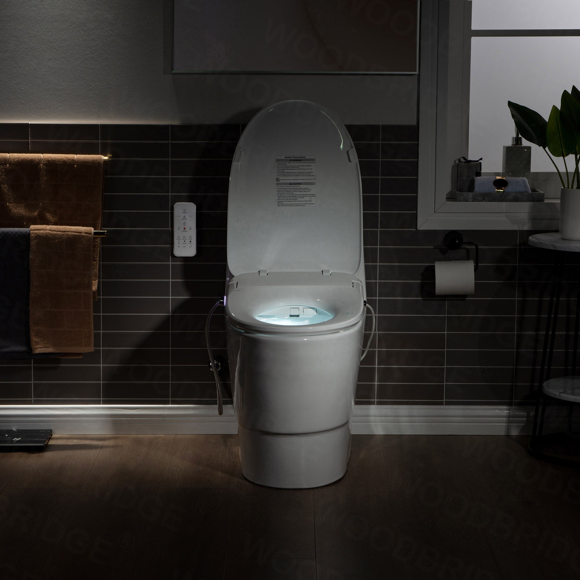 WOODBRIDGE T-0041 Elongated one Piece toilet with Smart Bidet Seat, Electronic Advanced Self Cleaning, Soft Close Lid, Adjustable Water Temperature, LED Nightlight, Heated Seat, Warm air Dryer