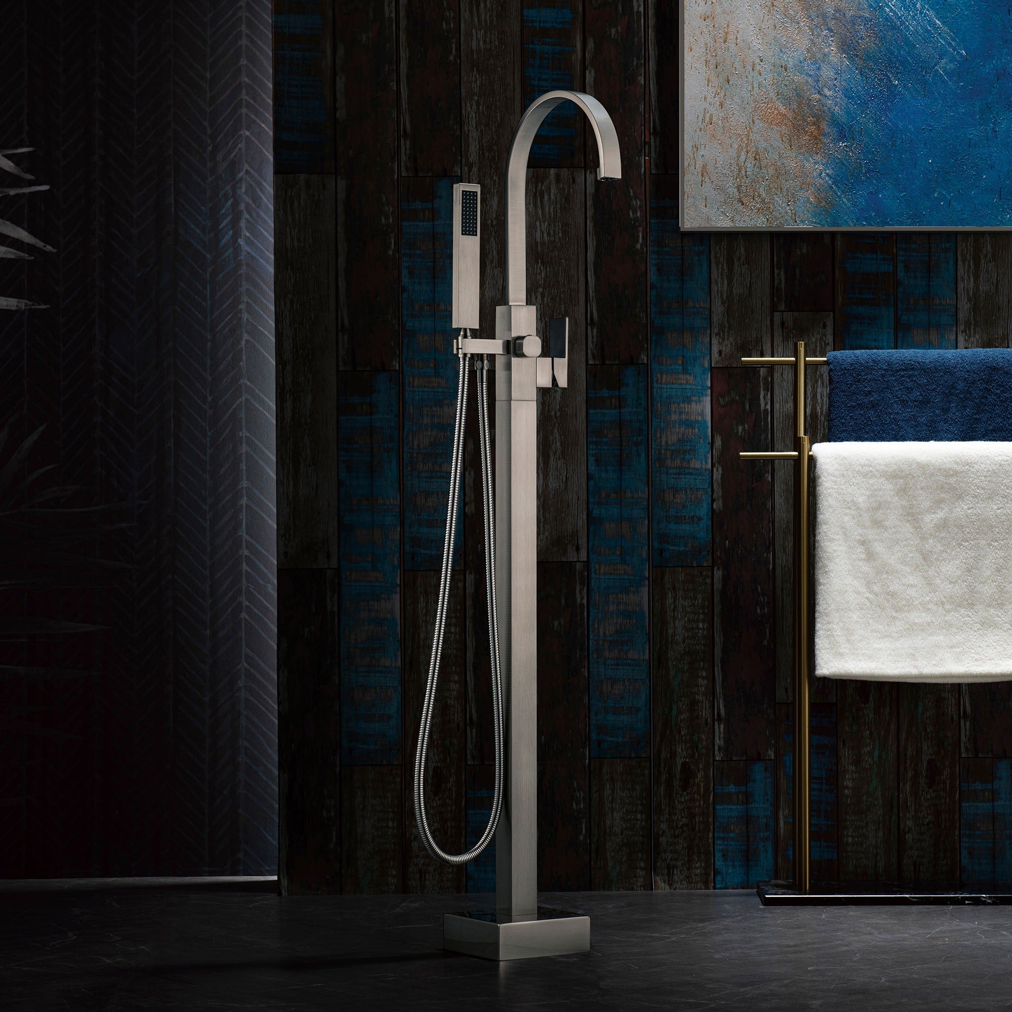 WOODBRIDGE Contemporary Single Handle Floor Mount Freestanding Tub Filler Faucet with Hand Shower, F006
