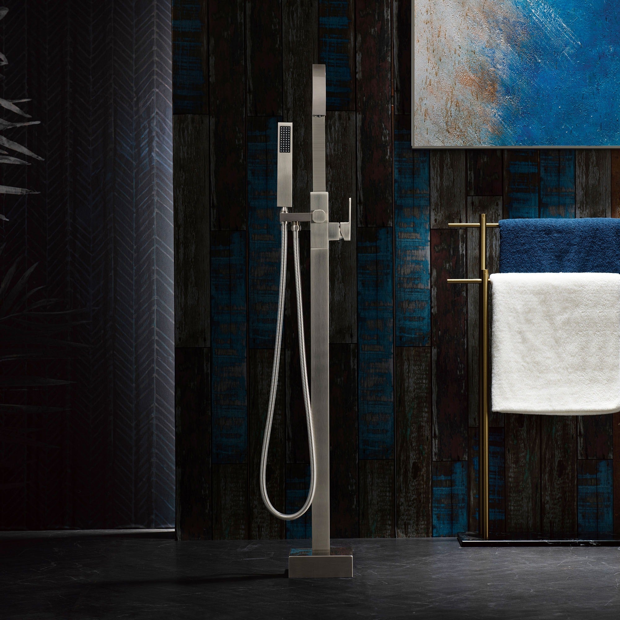 WOODBRIDGE Contemporary Single Handle Floor Mount Freestanding Tub Filler Faucet with Hand Shower, F006