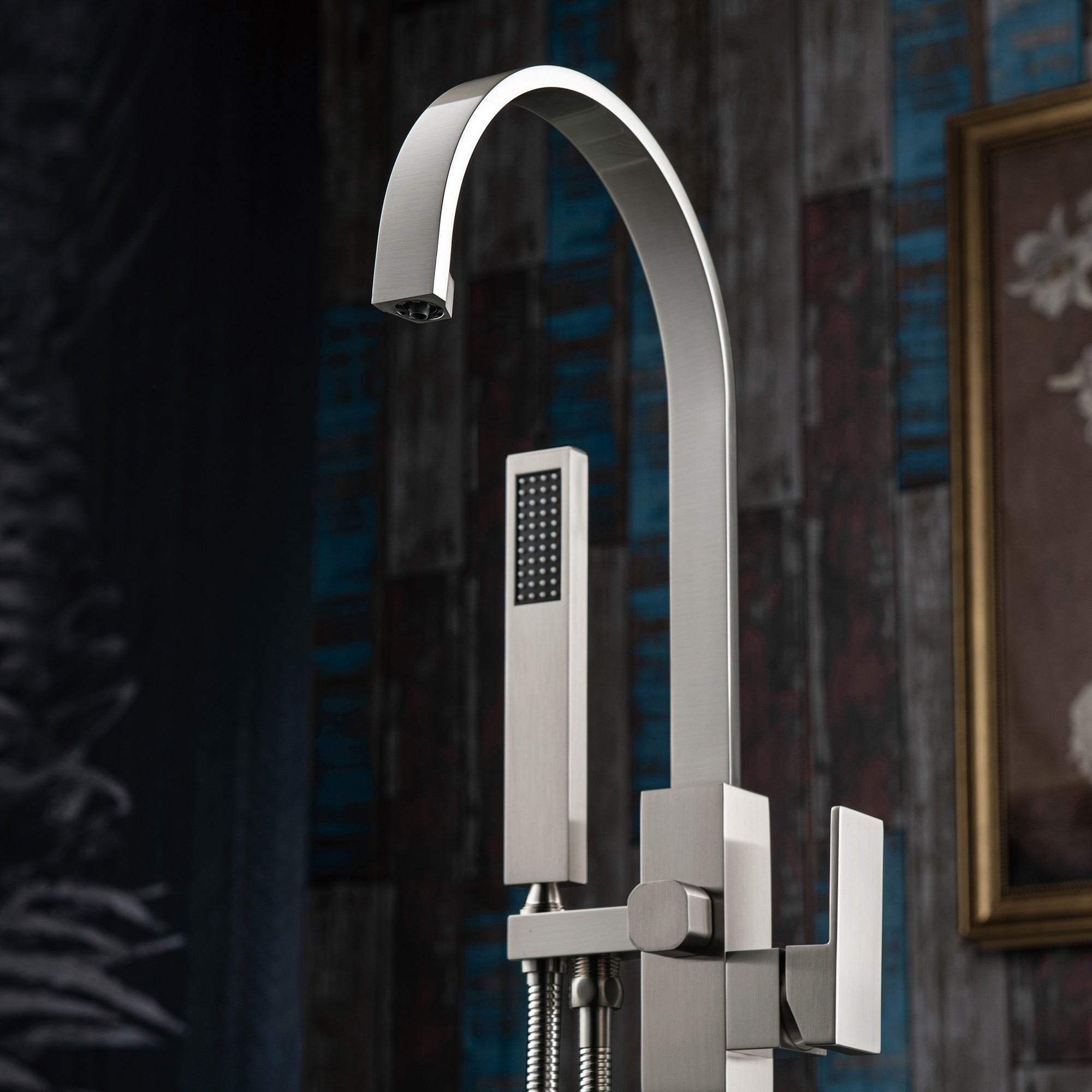 WOODBRIDGE Contemporary Single Handle Floor Mount Freestanding Tub Filler Faucet with Hand Shower, F006
