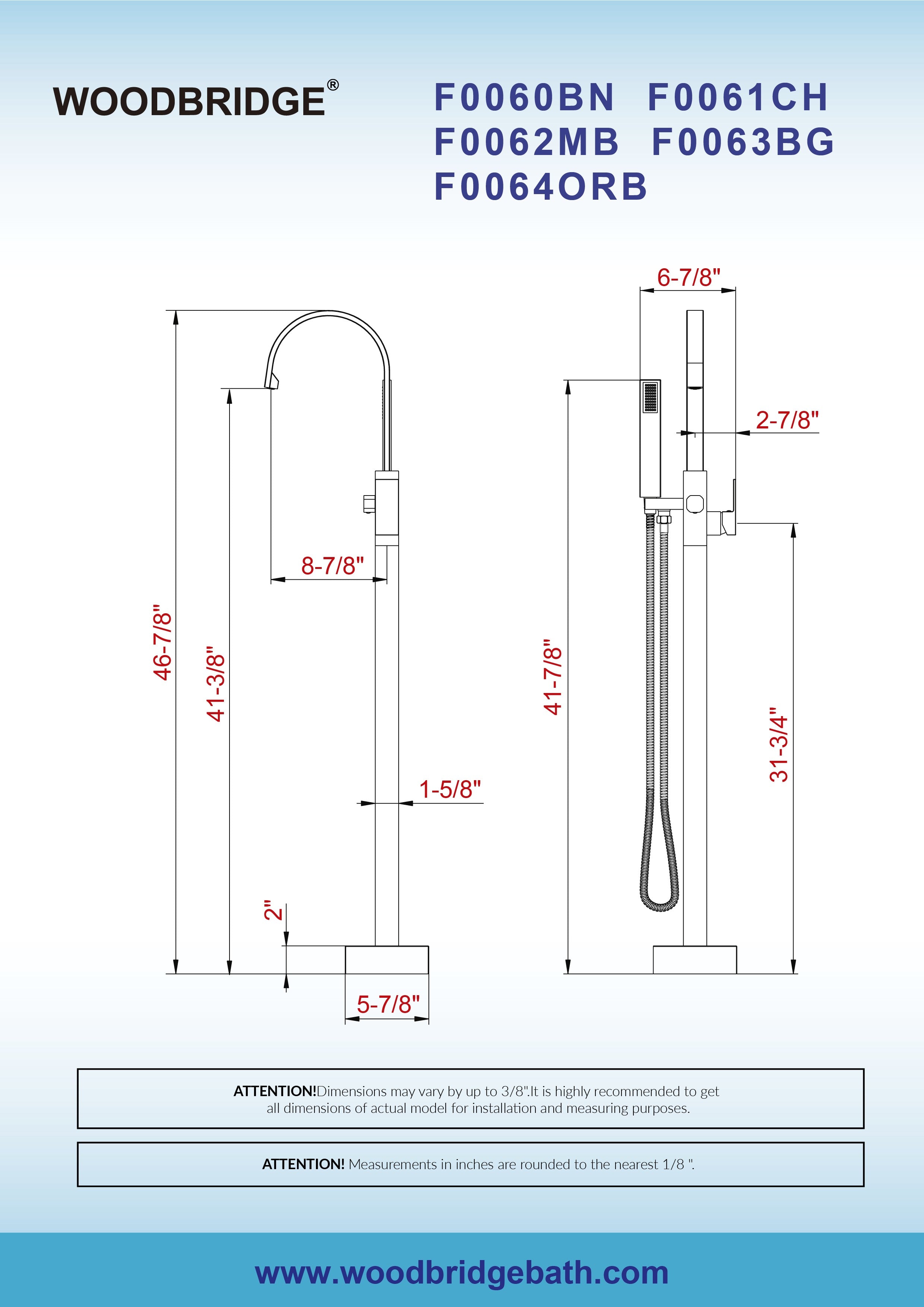 WOODBRIDGE Contemporary Single Handle Floor Mount Freestanding Tub Filler Faucet with Hand Shower, F006