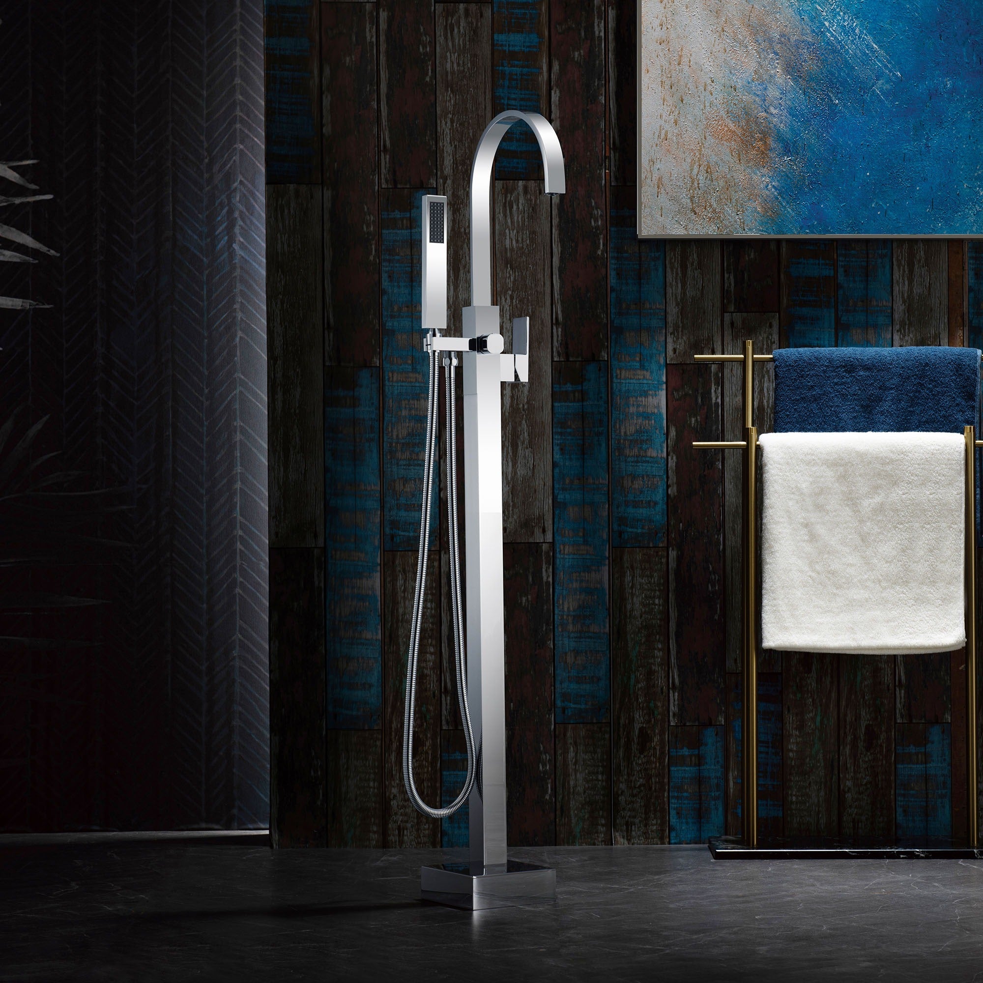 WOODBRIDGE Contemporary Single Handle Floor Mount Freestanding Tub Filler Faucet with Hand Shower, F006