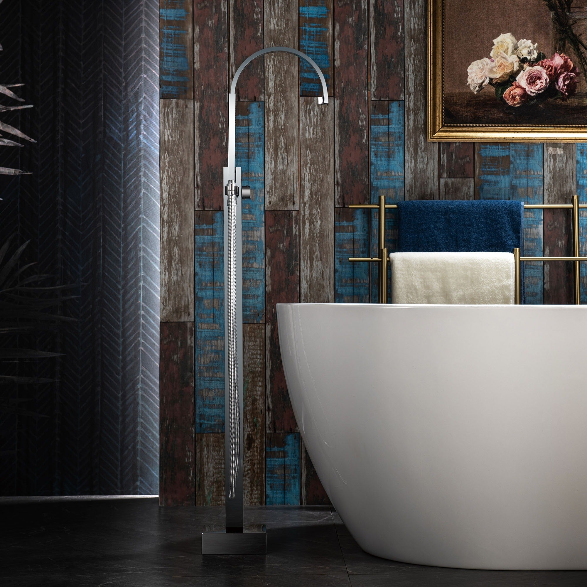 WOODBRIDGE Contemporary Single Handle Floor Mount Freestanding Tub Filler Faucet with Hand Shower, F006
