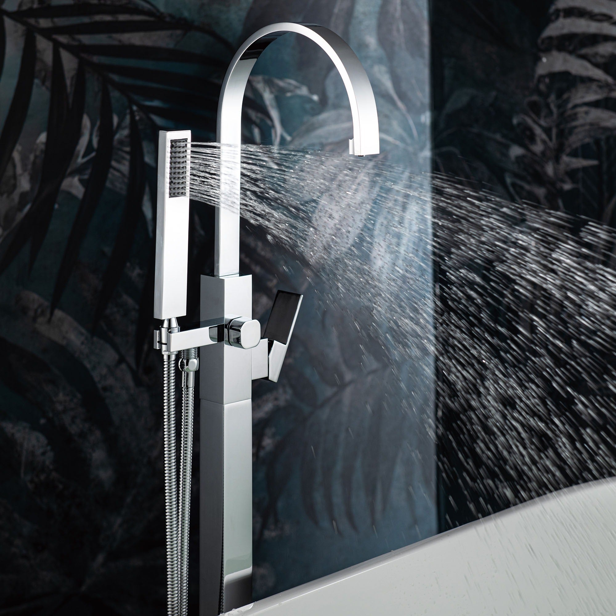 WOODBRIDGE Contemporary Single Handle Floor Mount Freestanding Tub Filler Faucet with Hand Shower, F006