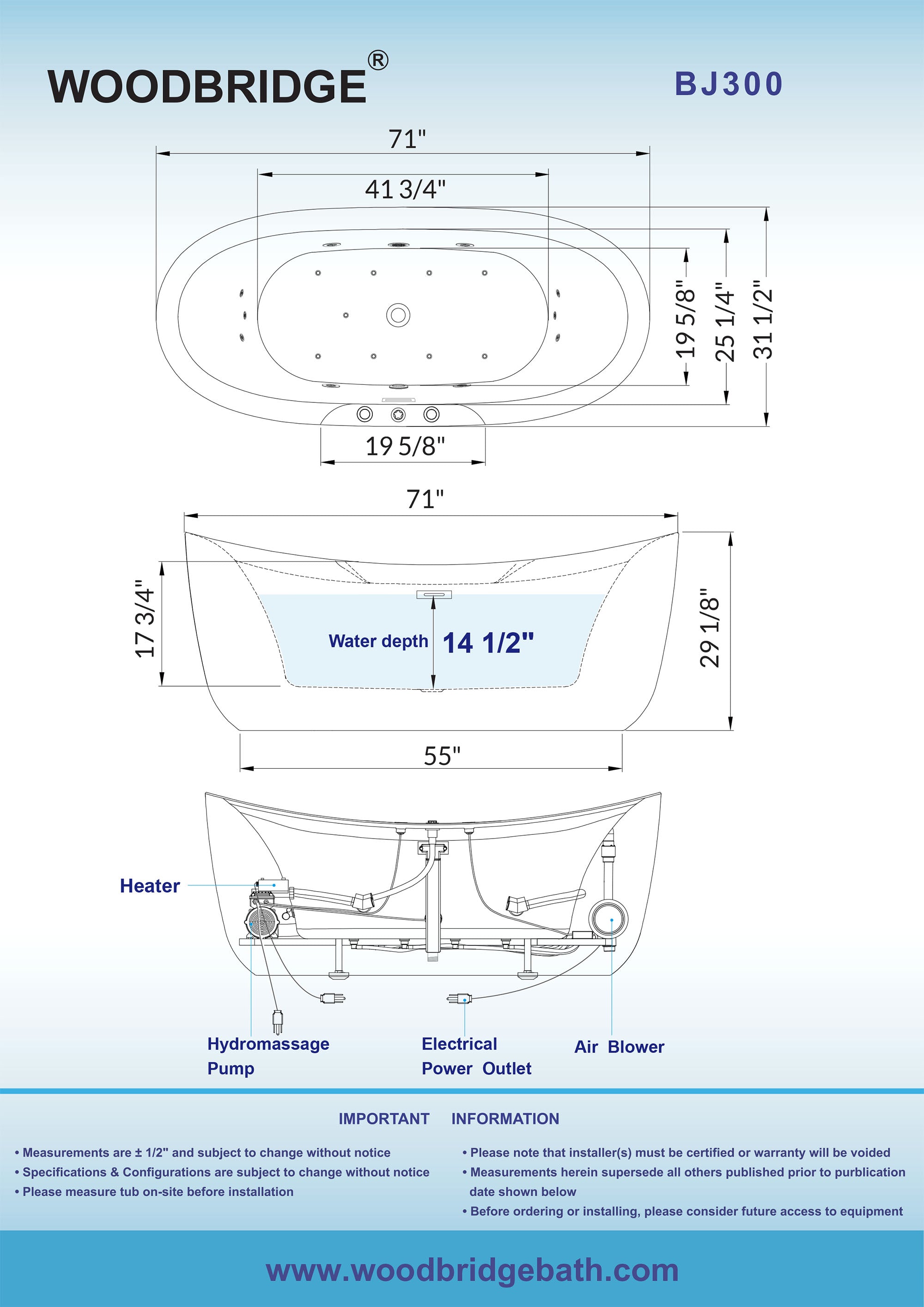 WOODBRIDGE 71" x 31-1/2" Whirlpool Water Jetted and Air Bubble Freestanding Heated Soaking Combination Bathtub