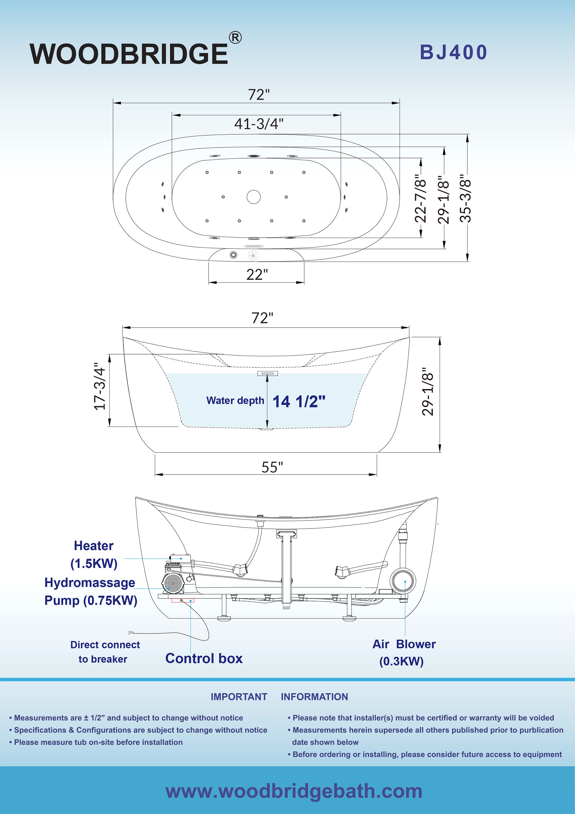 Best Seller WOODBRIDGE 72" x 35-3/8" Whirlpool Water Jetted and Air Bubble Freestanding Heated Soaking Combination Bathtub with LED control panel