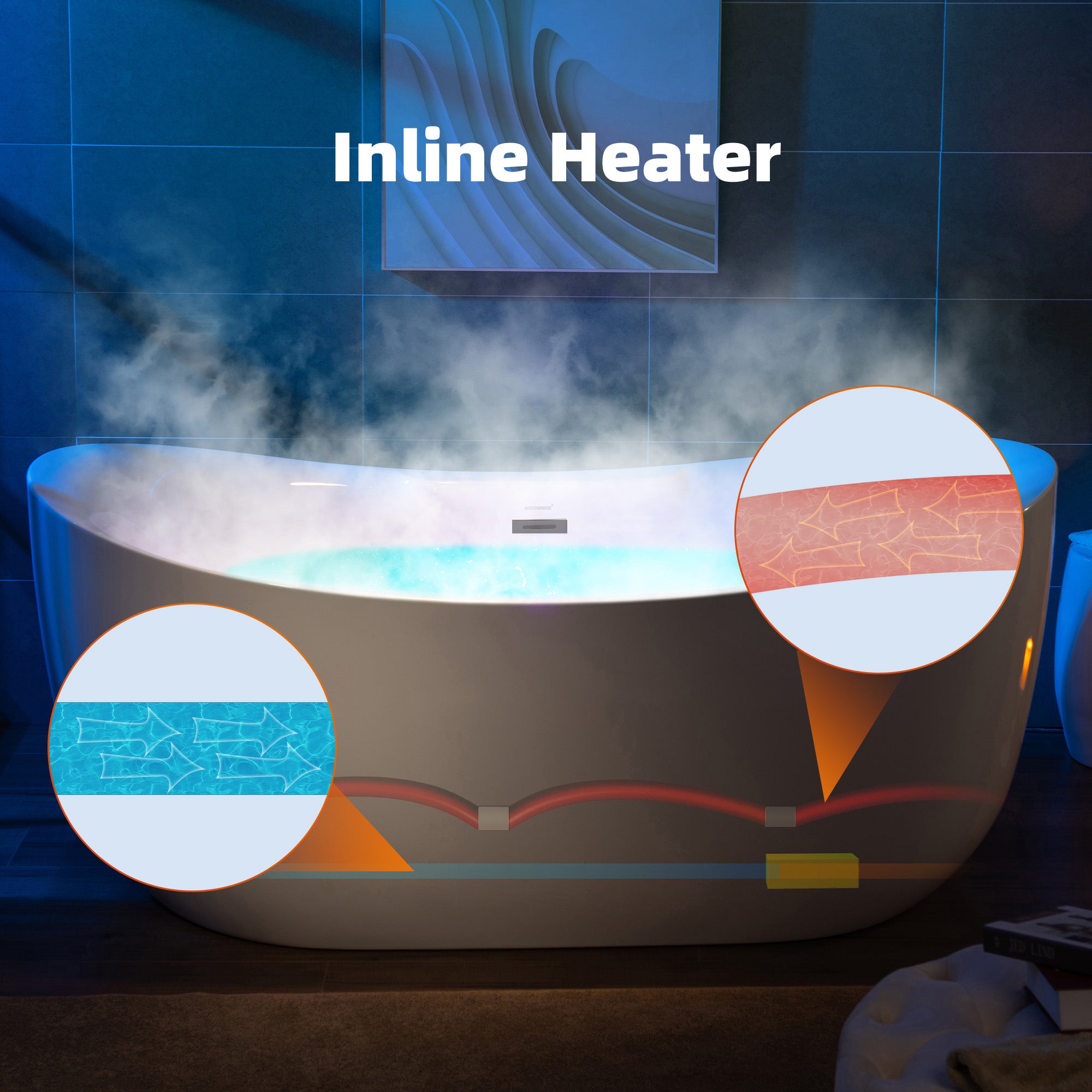 Best Seller WOODBRIDGE 72" x 35-3/8" Whirlpool Water Jetted and Air Bubble Freestanding Heated Soaking Combination Bathtub with LED control panel