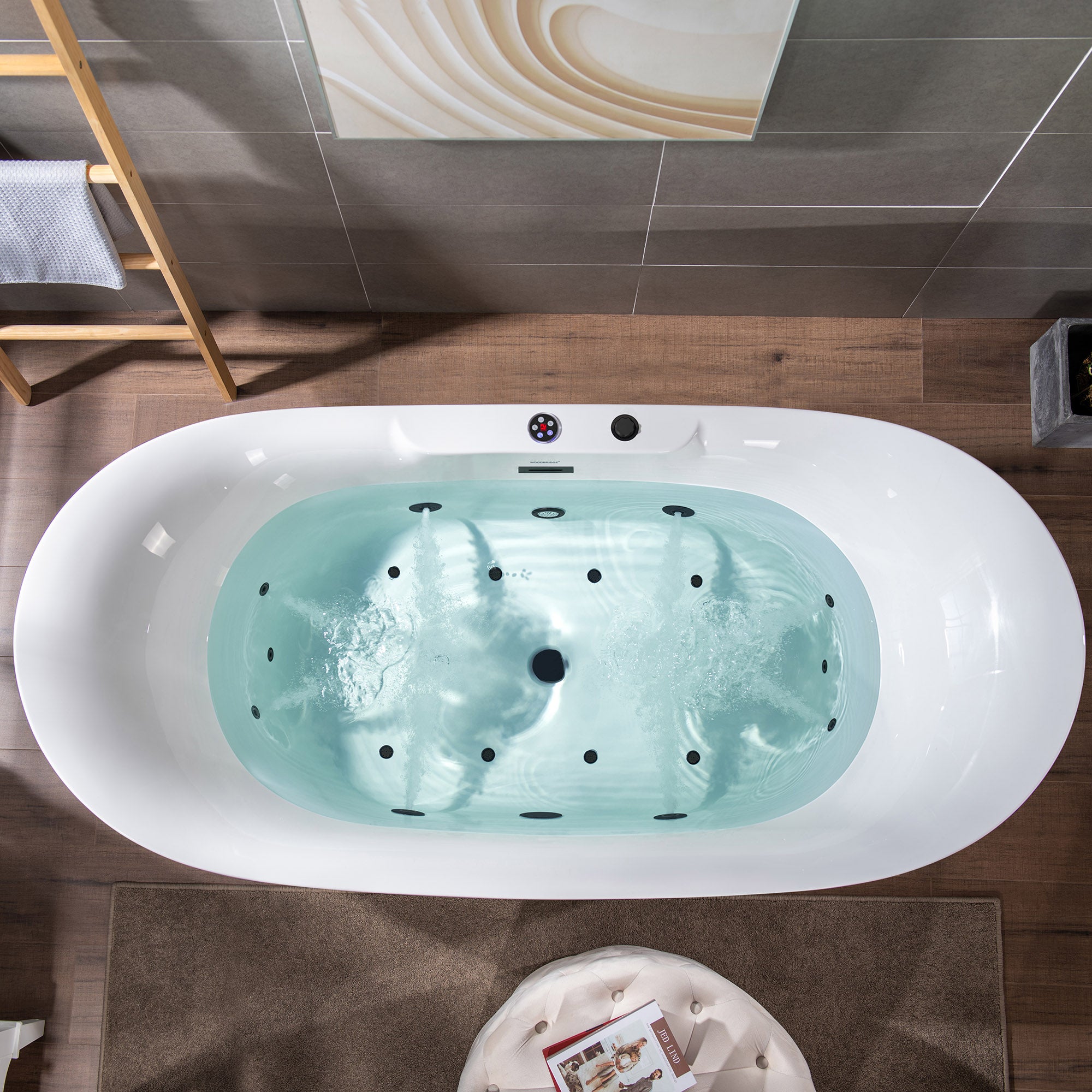 Best Seller WOODBRIDGE 72" x 35-3/8" Whirlpool Water Jetted and Air Bubble Freestanding Heated Soaking Combination Bathtub with LED control panel