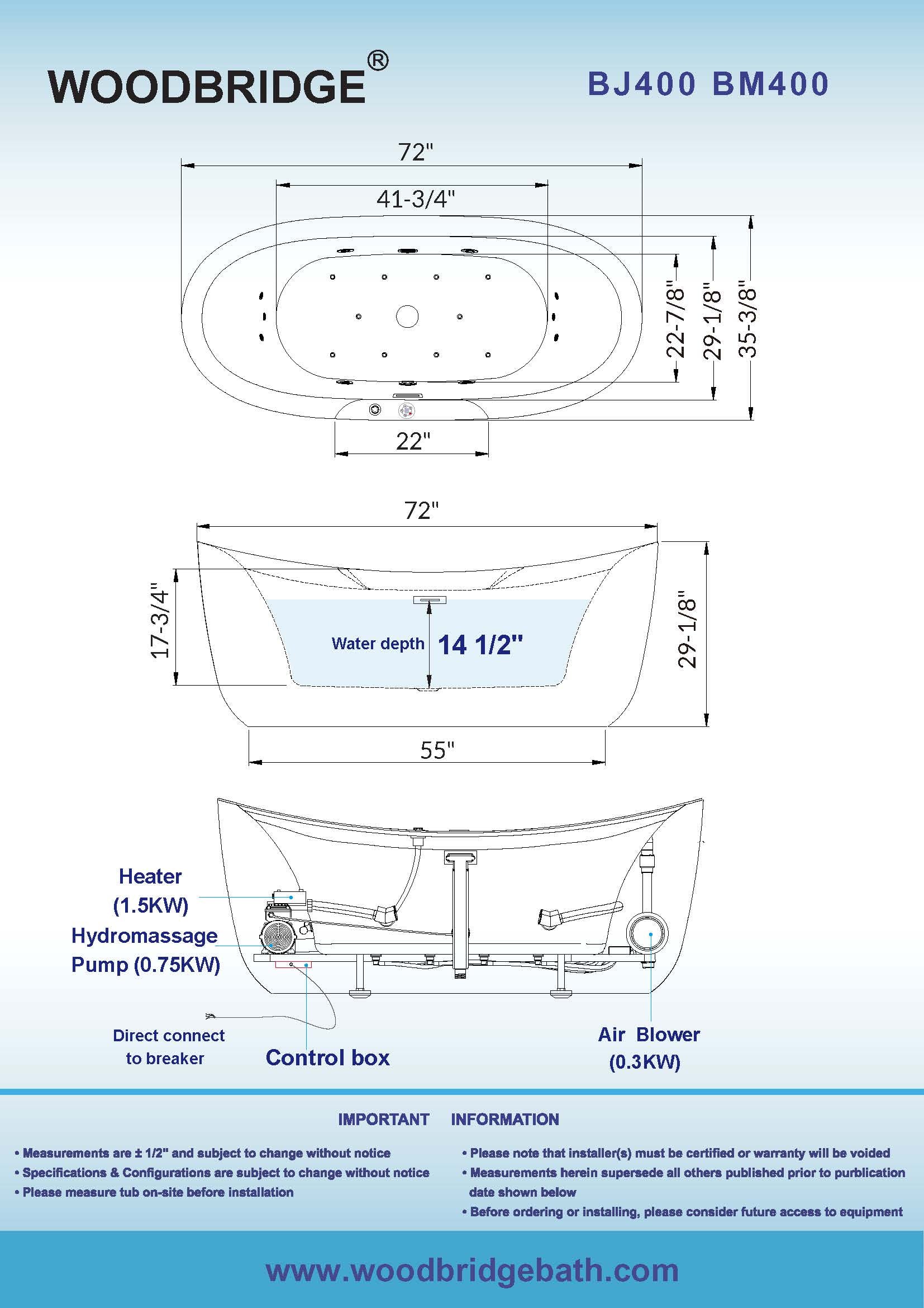 Best Seller WOODBRIDGE 72" x 35-3/8" Whirlpool Water Jetted and Air Bubble Freestanding Heated Soaking Combination Bathtub with LED control panel