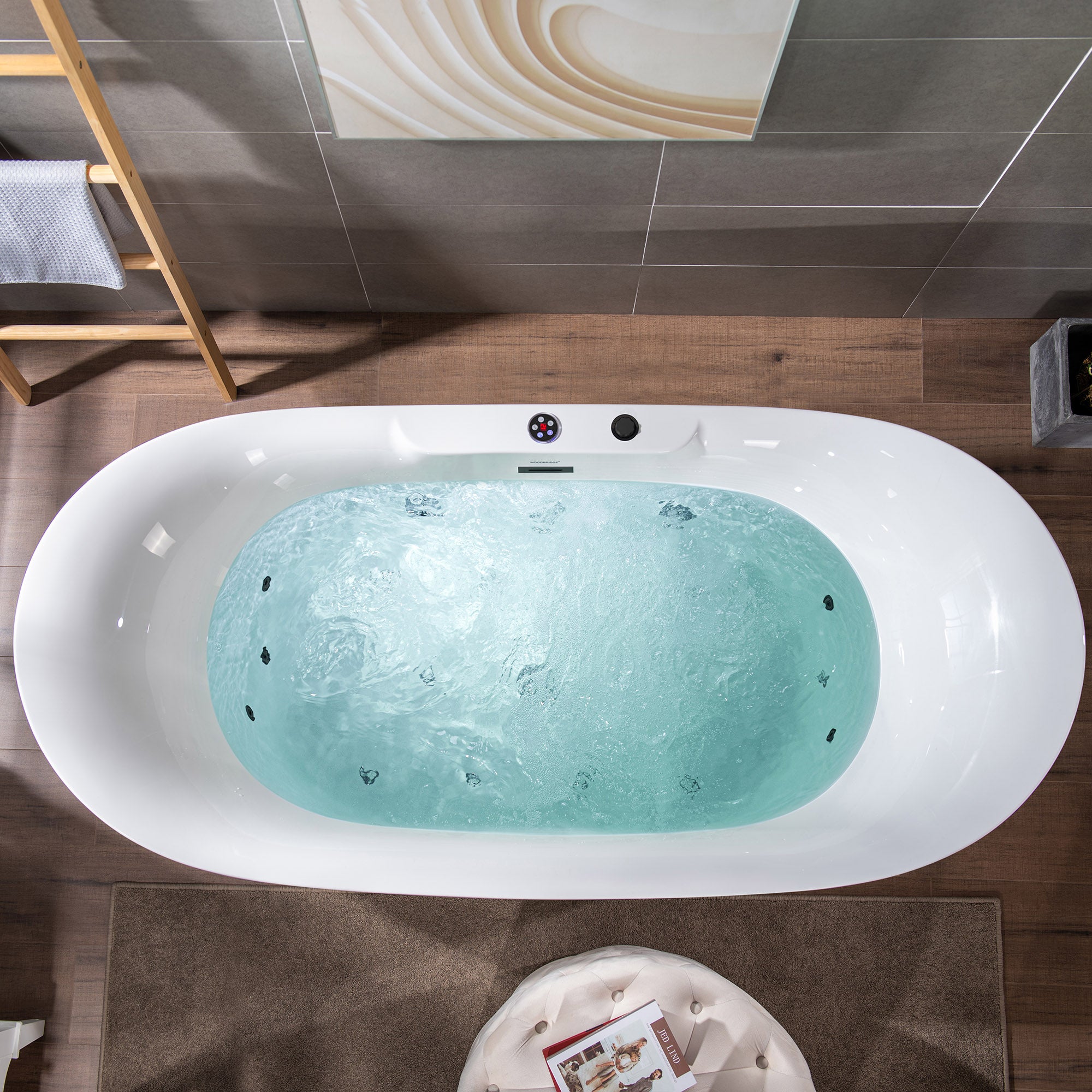 Best Seller WOODBRIDGE 72" x 35-3/8" Whirlpool Water Jetted and Air Bubble Freestanding Heated Soaking Combination Bathtub with LED control panel