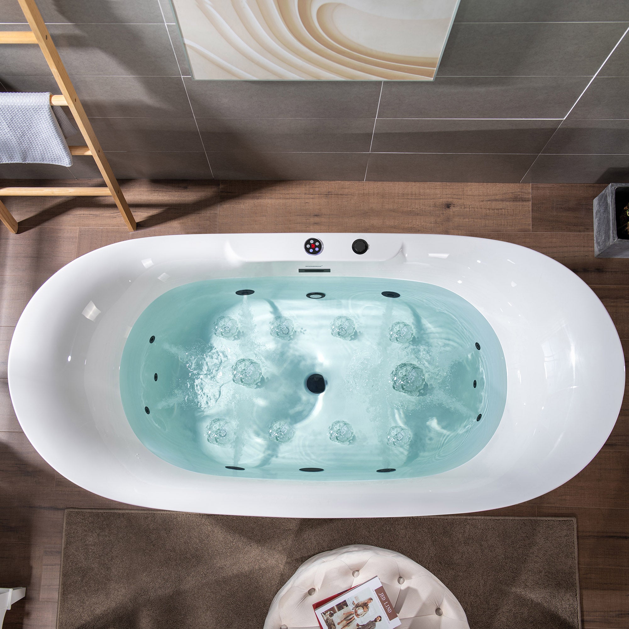 Best Seller WOODBRIDGE 72" x 35-3/8" Whirlpool Water Jetted and Air Bubble Freestanding Heated Soaking Combination Bathtub with LED control panel
