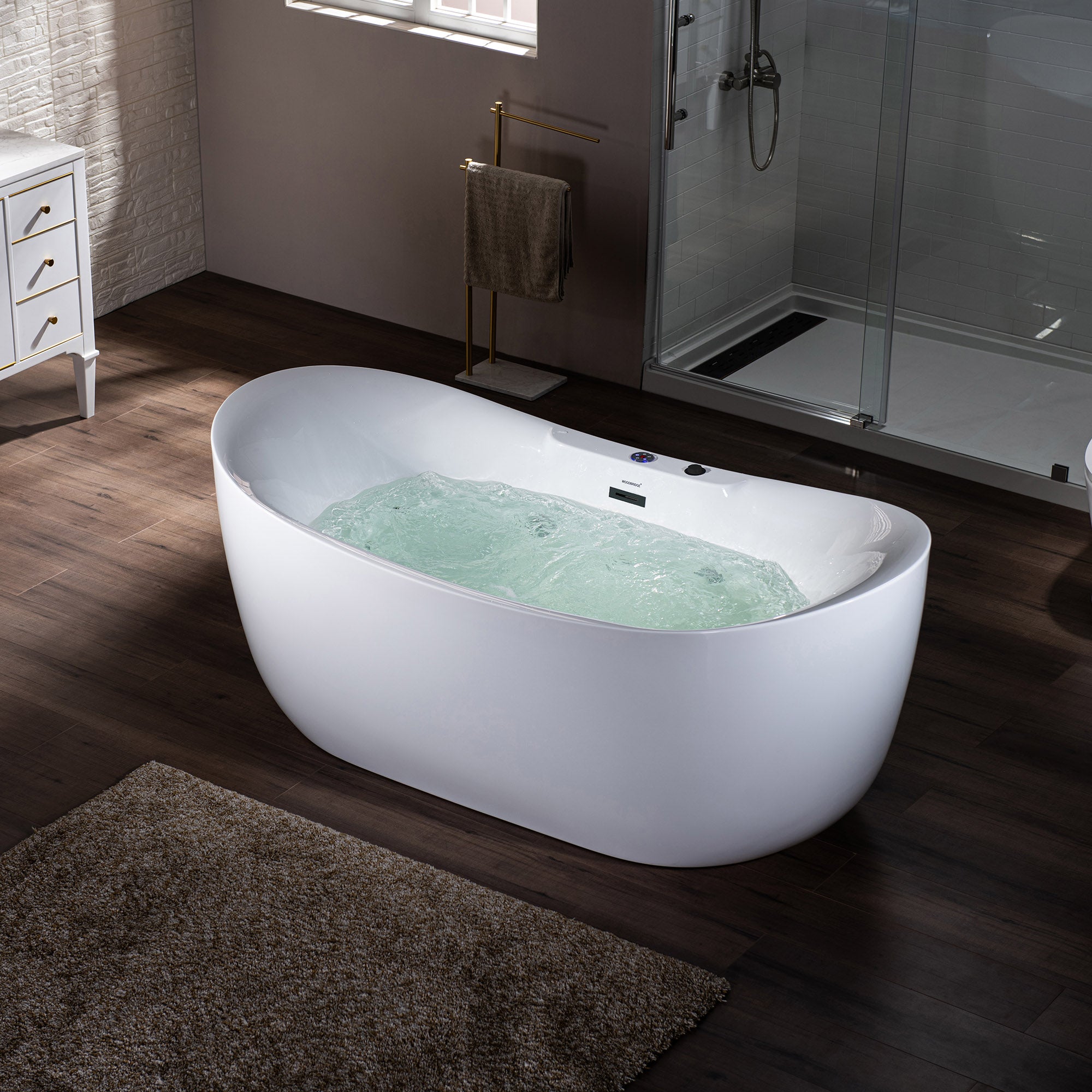 Best Seller WOODBRIDGE 72" x 35-3/8" Whirlpool Water Jetted and Air Bubble Freestanding Heated Soaking Combination Bathtub with LED control panel