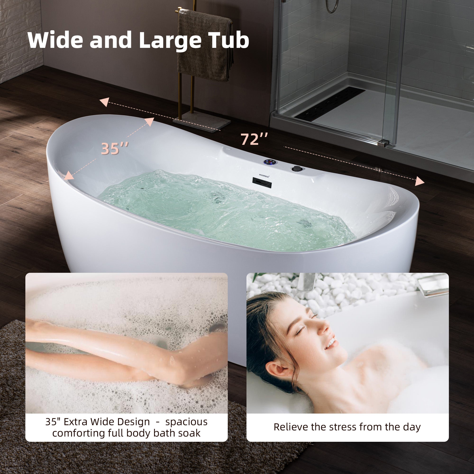 Best Seller WOODBRIDGE 72" x 35-3/8" Whirlpool Water Jetted and Air Bubble Freestanding Heated Soaking Combination Bathtub with LED control panel