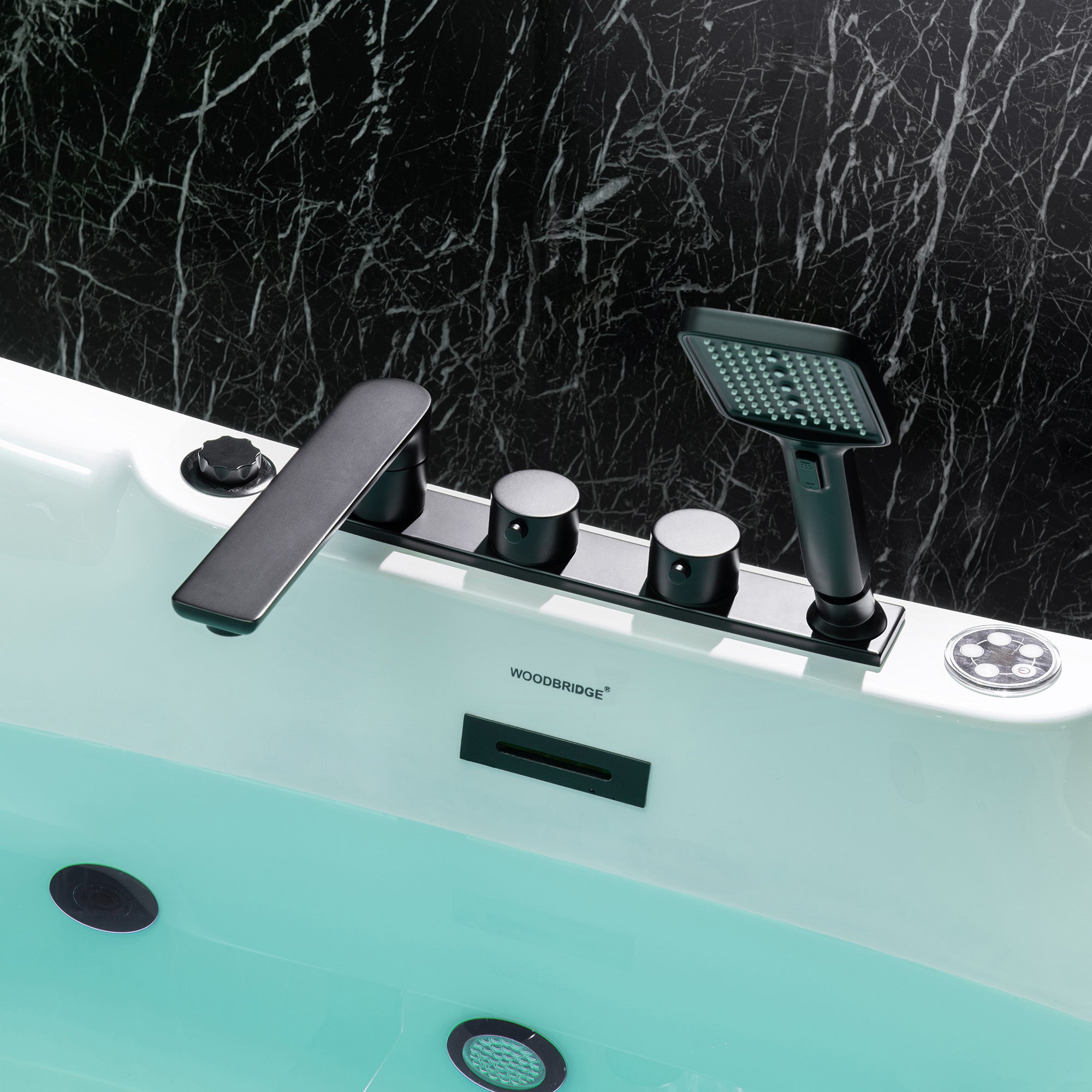 WOODBRIDGE 72" x 35-3/8" Whirlpool and Air Bath Heated Soaking Combination Tub with Adjustable Speed Air Blower, Tub Filler, and LED control panel, Matte Black Finish Trim and Drain Kit