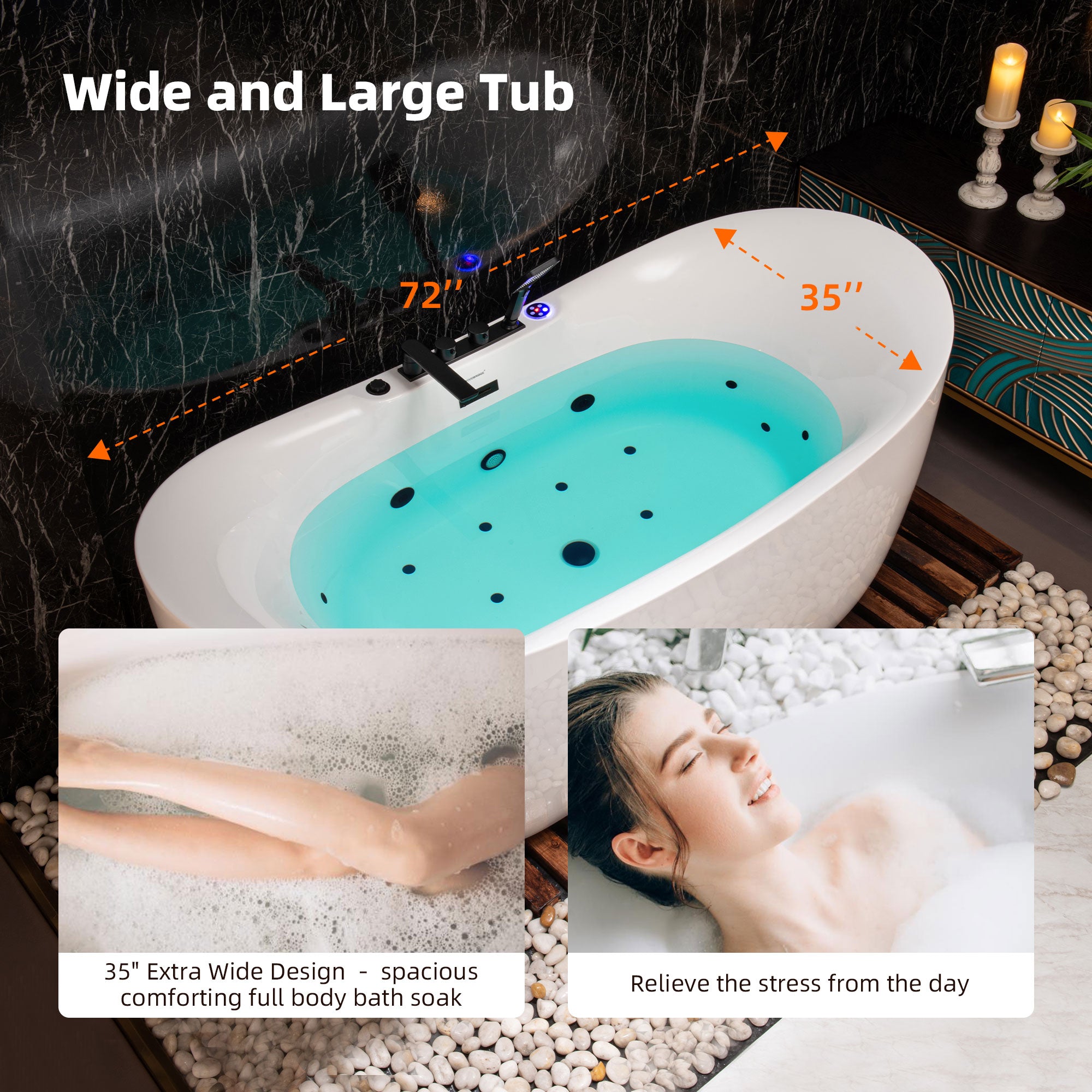 WOODBRIDGE 72" x 35-3/8" Whirlpool and Air Bath Heated Soaking Combination Tub with Adjustable Speed Air Blower, Tub Filler, and LED control panel, Matte Black Finish Trim and Drain Kit