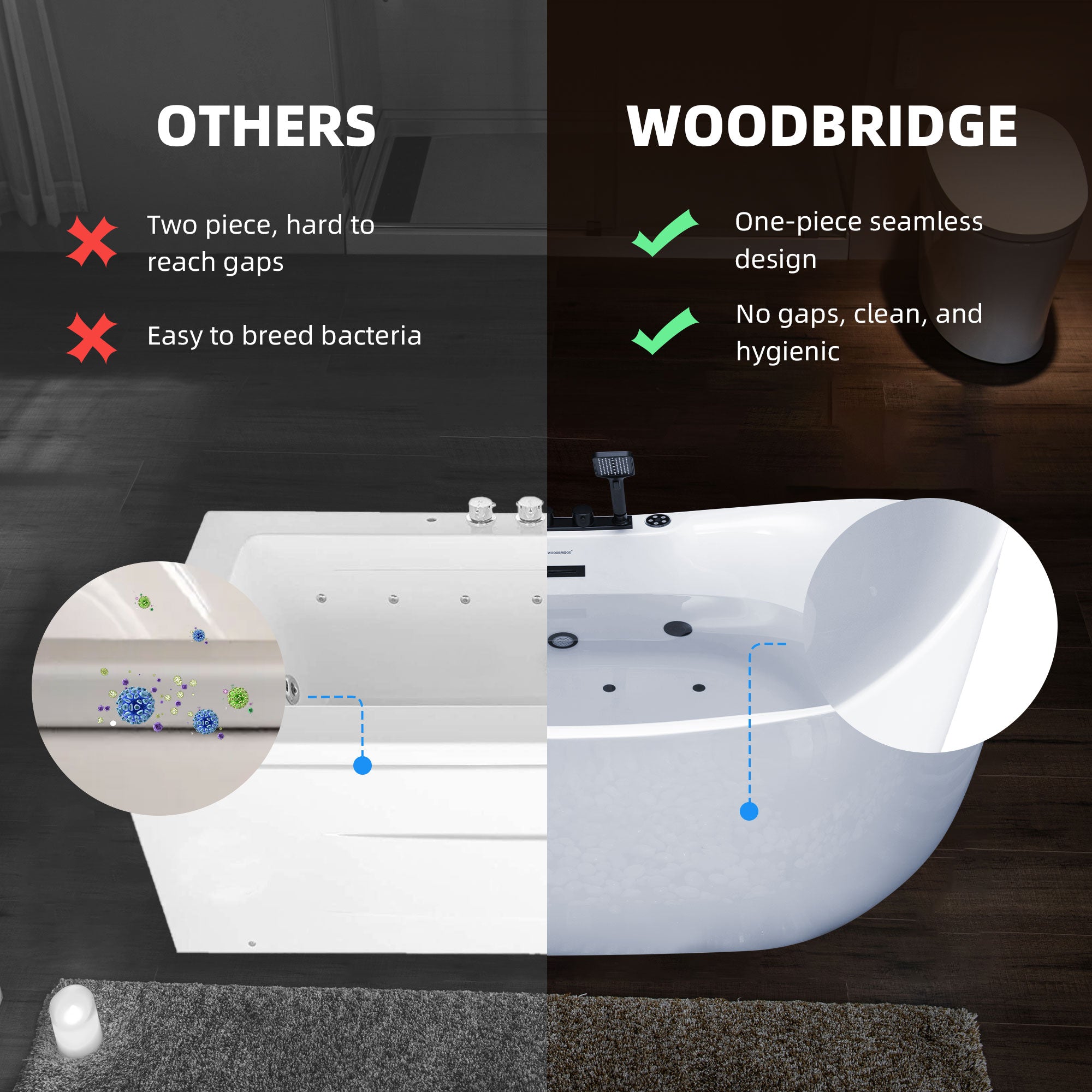 WOODBRIDGE 72" x 35-3/8" Whirlpool and Air Bath Heated Soaking Combination Tub with Adjustable Speed Air Blower, Tub Filler, and LED control panel, Matte Black Finish Trim and Drain Kit