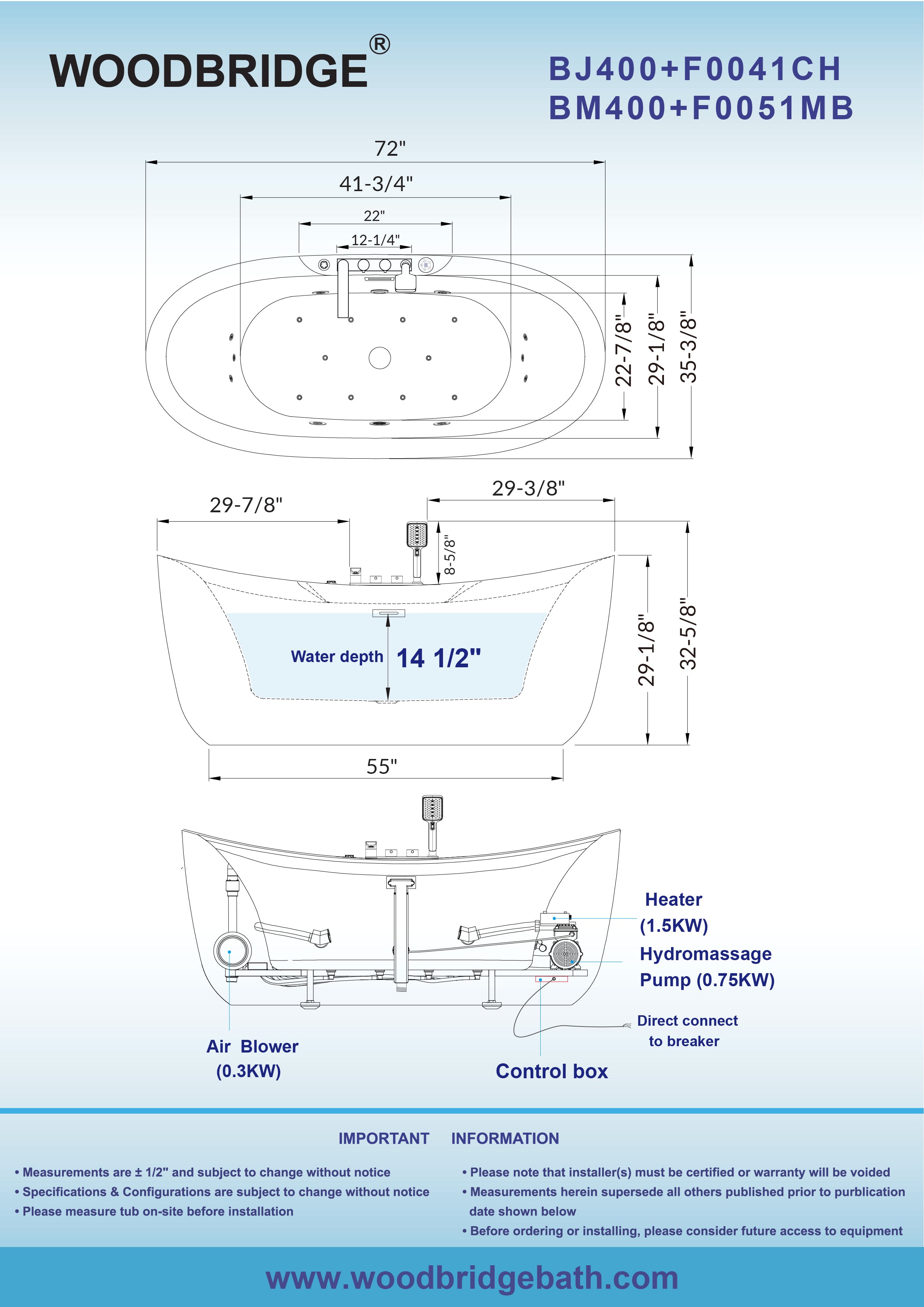 WOODBRIDGE 72" x 35-3/8" Whirlpool and Air Bath Heated Soaking Combination Tub with Adjustable Speed Air Blower, Tub Filler, and LED control panel, Matte Black Finish Trim and Drain Kit