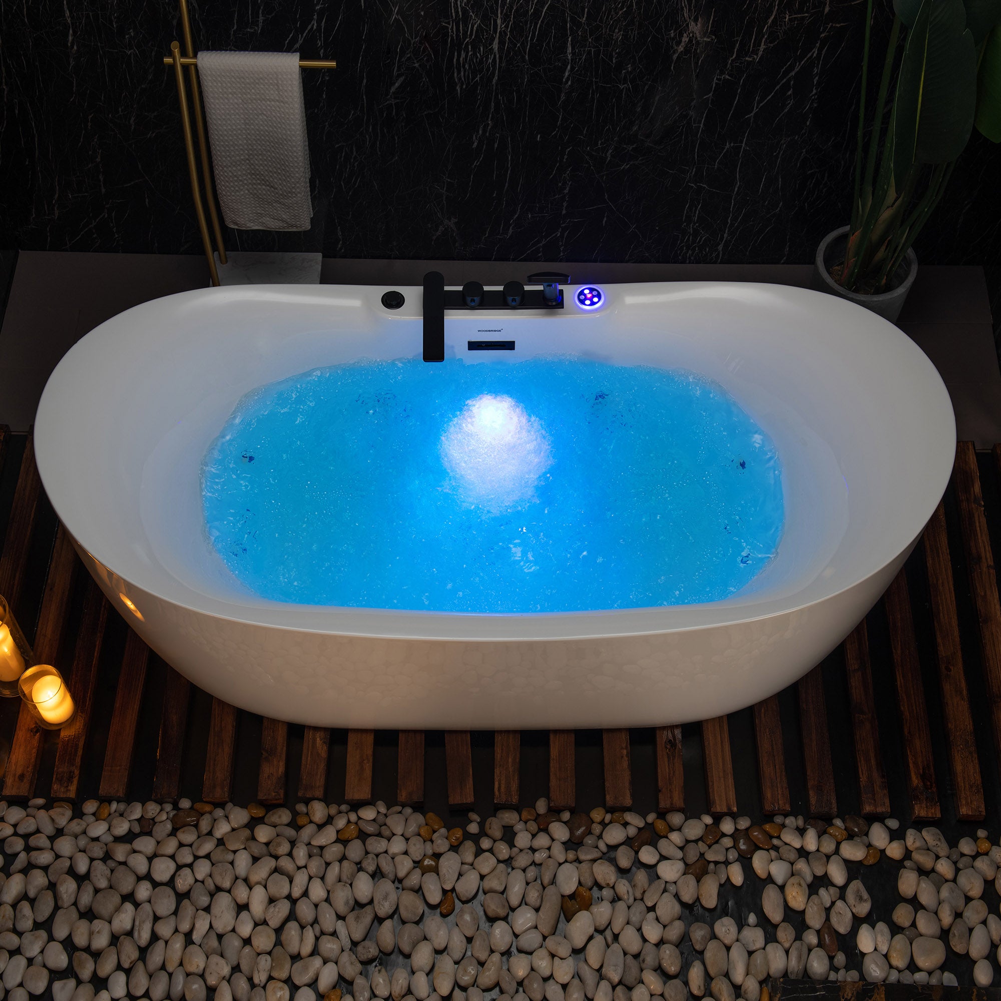 WOODBRIDGE 72" x 35-3/8" Whirlpool and Air Bath Heated Soaking Combination Tub with Adjustable Speed Air Blower, Tub Filler, and LED control panel, Matte Black Finish Trim and Drain Kit