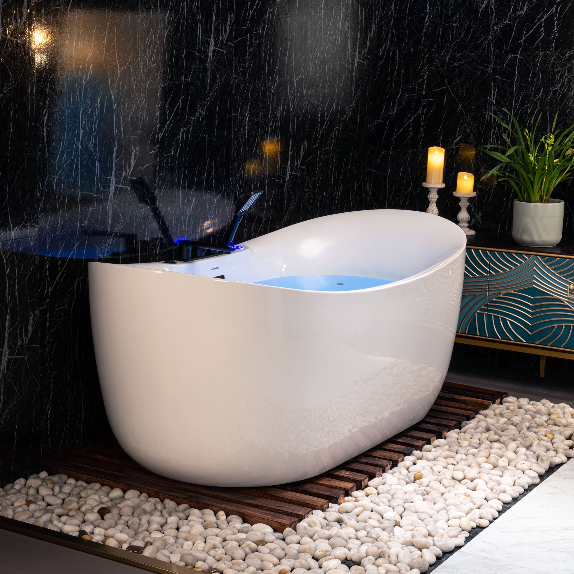 WOODBRIDGE 72" x 35-3/8" Whirlpool and Air Bath Heated Soaking Combination Tub with Adjustable Speed Air Blower, Tub Filler, and LED control panel, Matte Black Finish Trim and Drain Kit