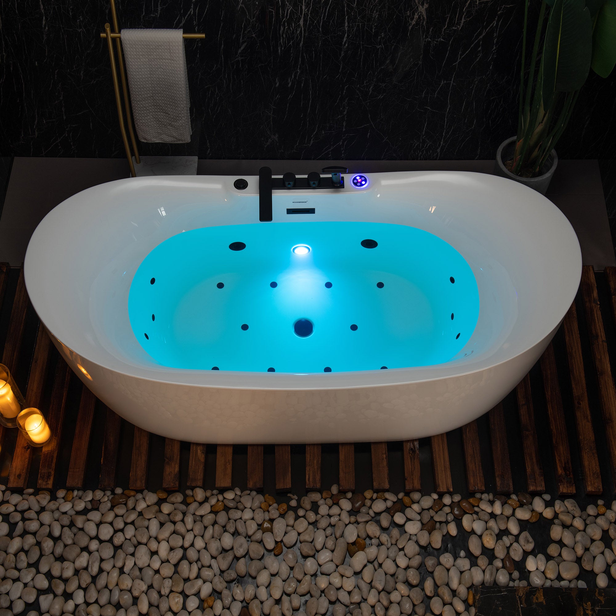 WOODBRIDGE 72" x 35-3/8" Whirlpool and Air Bath Heated Soaking Combination Tub with Adjustable Speed Air Blower, Tub Filler, and LED control panel, Matte Black Finish Trim and Drain Kit