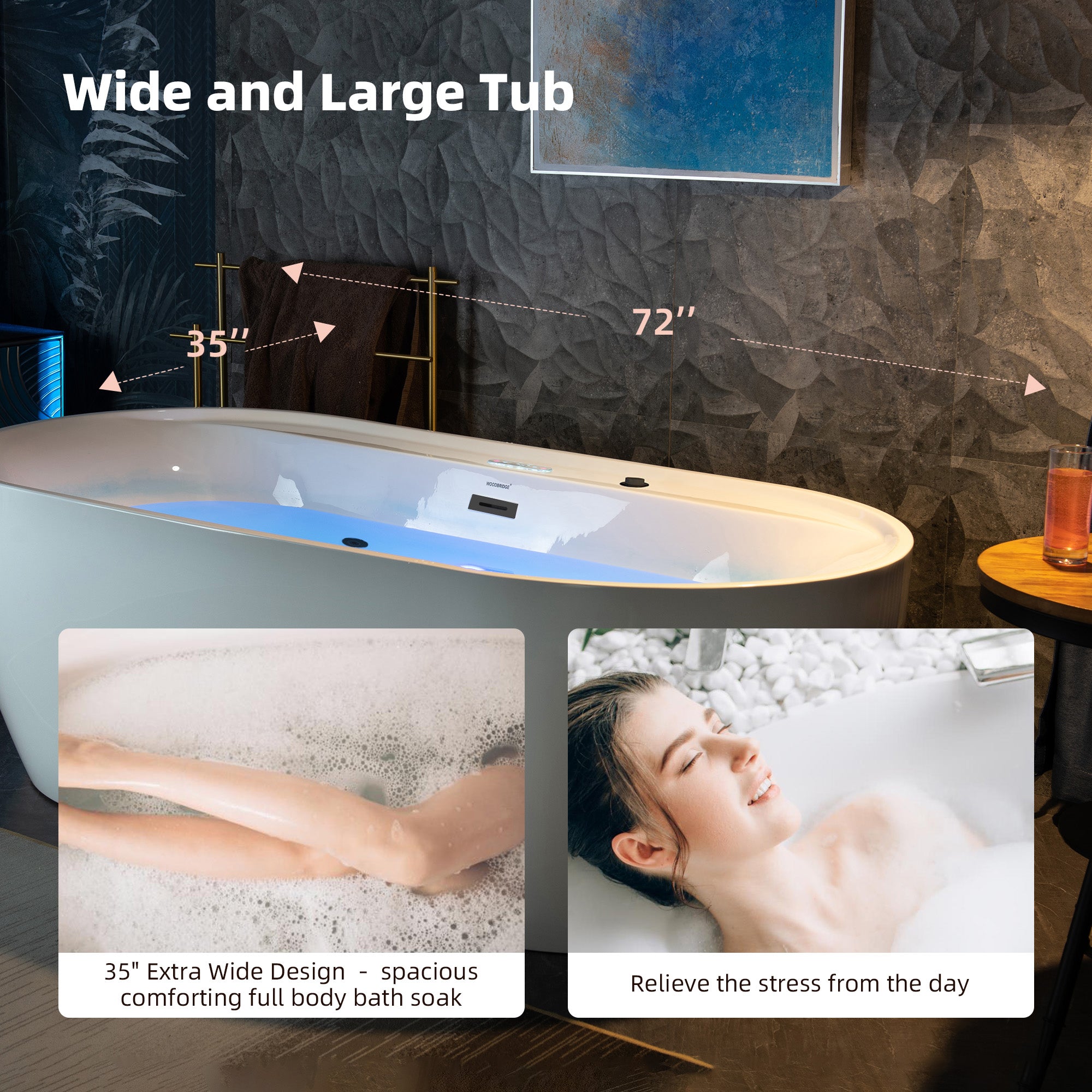 WOODBRIDGE 72" x 35-3/8" Whirlpool and Air Bath Heated Soaking Combination Tub