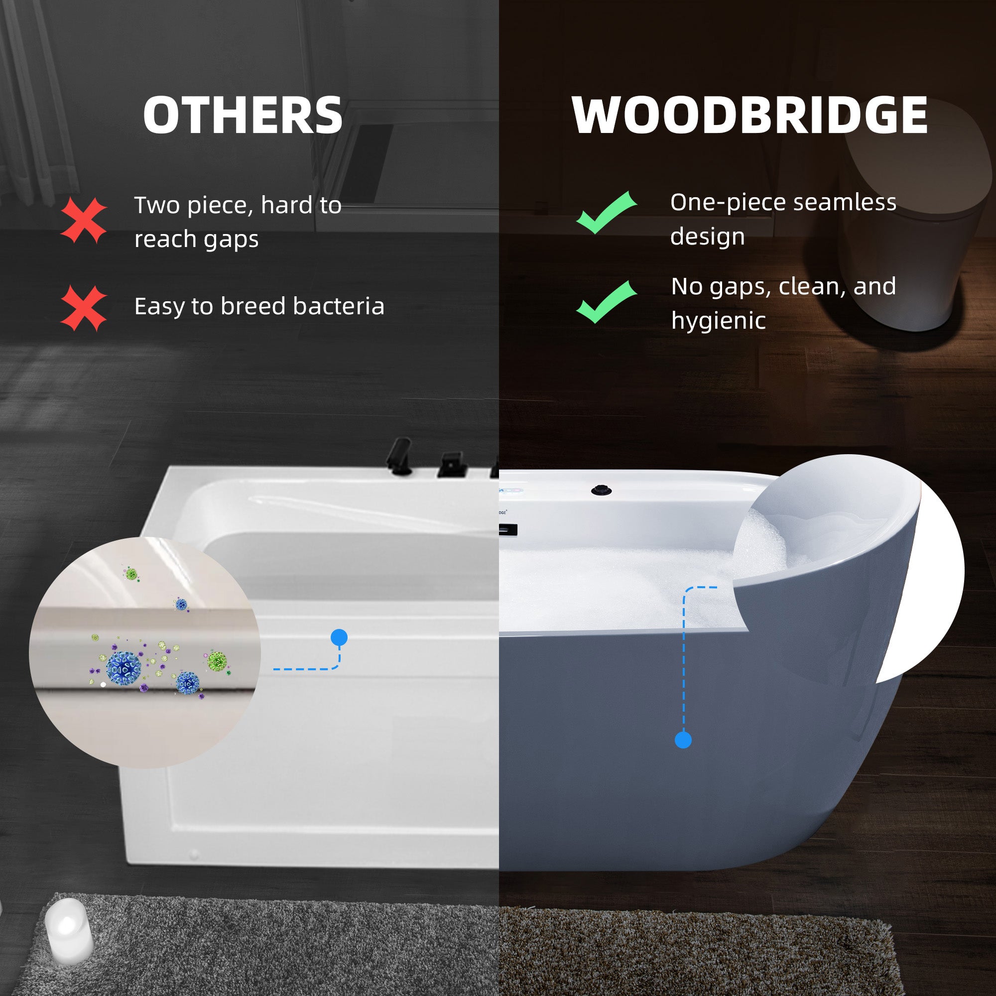 WOODBRIDGE 72" x 35-3/8" Whirlpool and Air Bath Heated Soaking Combination Tub