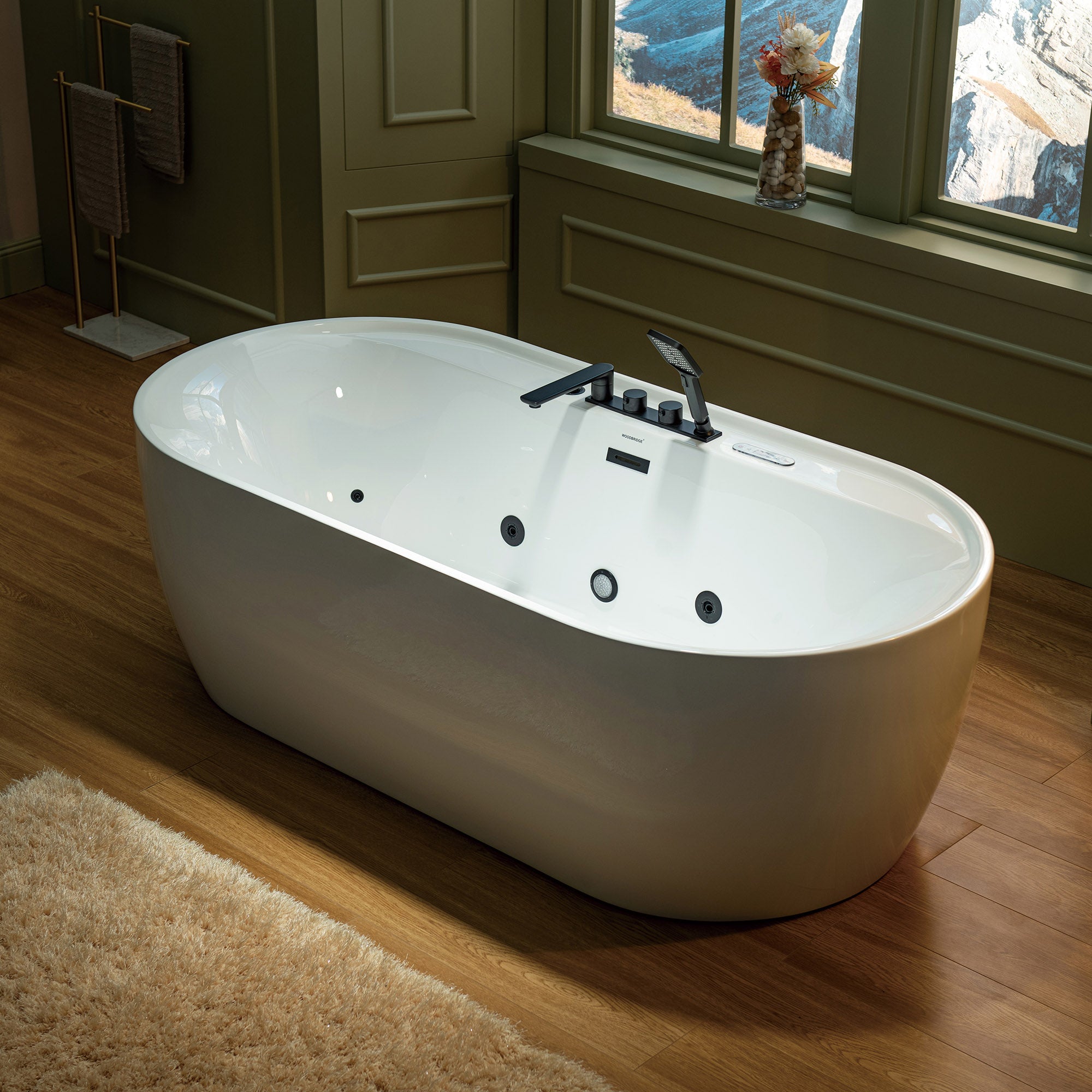 WOODBRIDGE 72" x 35-3/8" Whirlpool and Air Bath Heated Soaking Combination Tub with Adjustable Speed Air Blower, Tub Filler, and LED control panel, Matte Black Finish Trim and Drain Kit