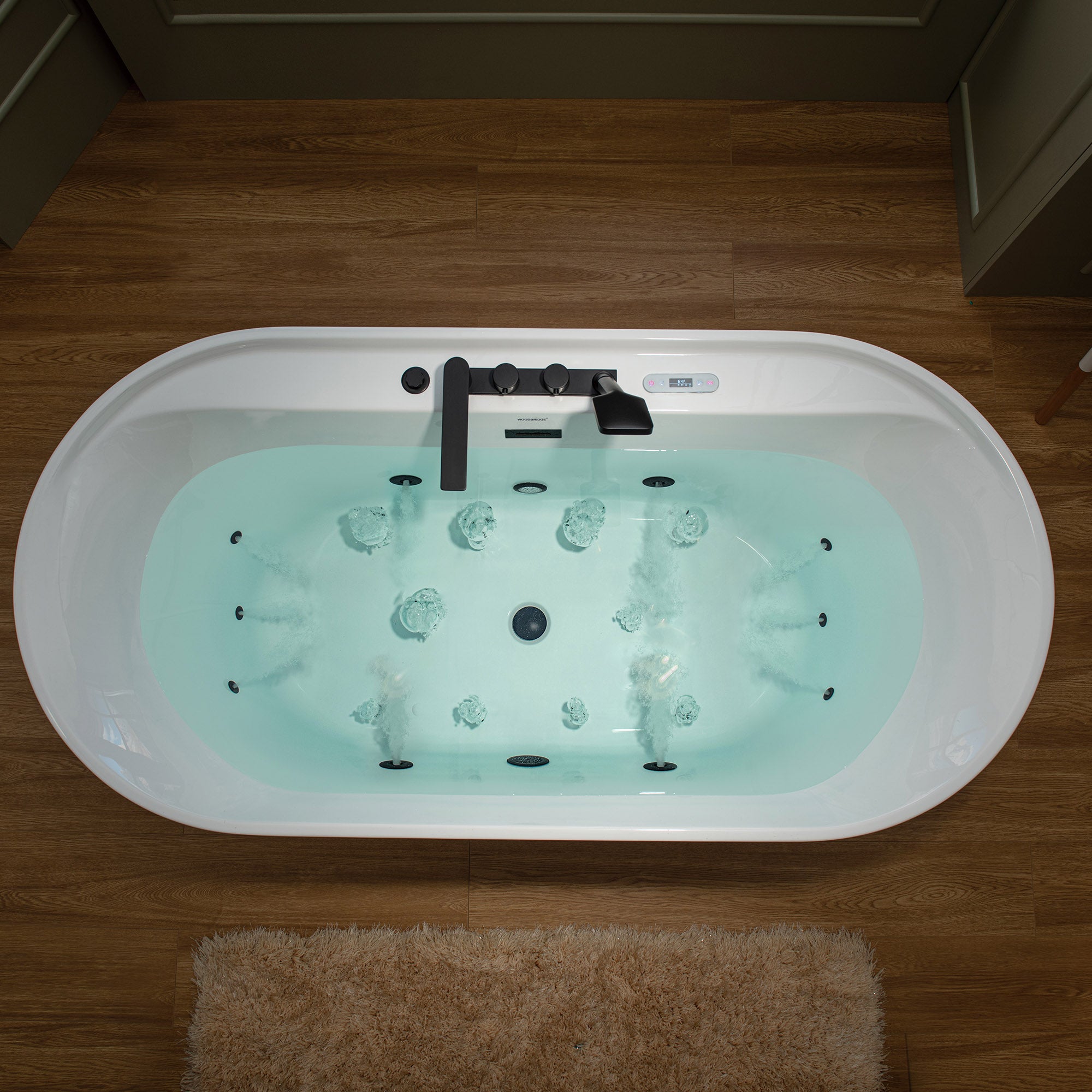 WOODBRIDGE 72" x 35-3/8" Whirlpool and Air Bath Heated Soaking Combination Tub with Adjustable Speed Air Blower, Tub Filler, and LED control panel, Matte Black Finish Trim and Drain Kit