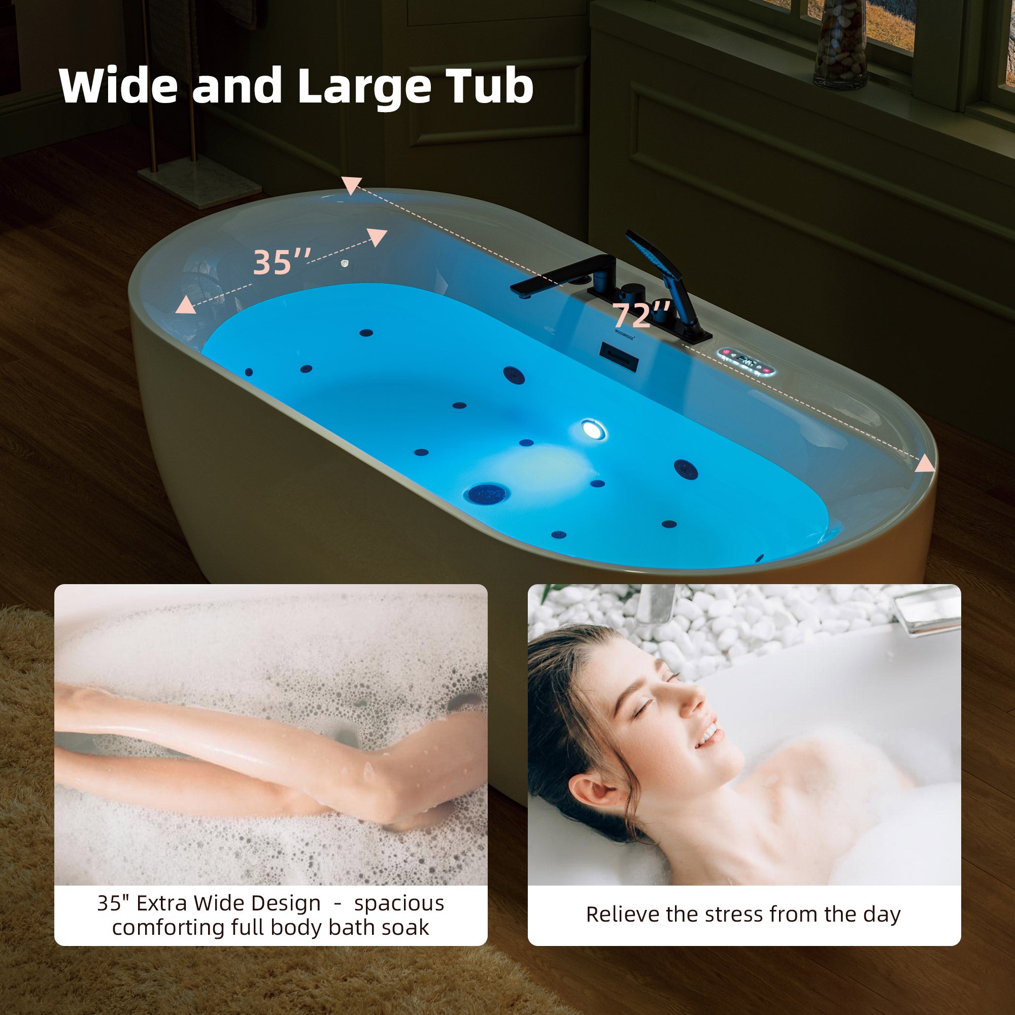 WOODBRIDGE 72" x 35-3/8" Whirlpool and Air Bath Heated Soaking Combination Tub with Adjustable Speed Air Blower, Tub Filler, and LED control panel, Matte Black Finish Trim and Drain Kit