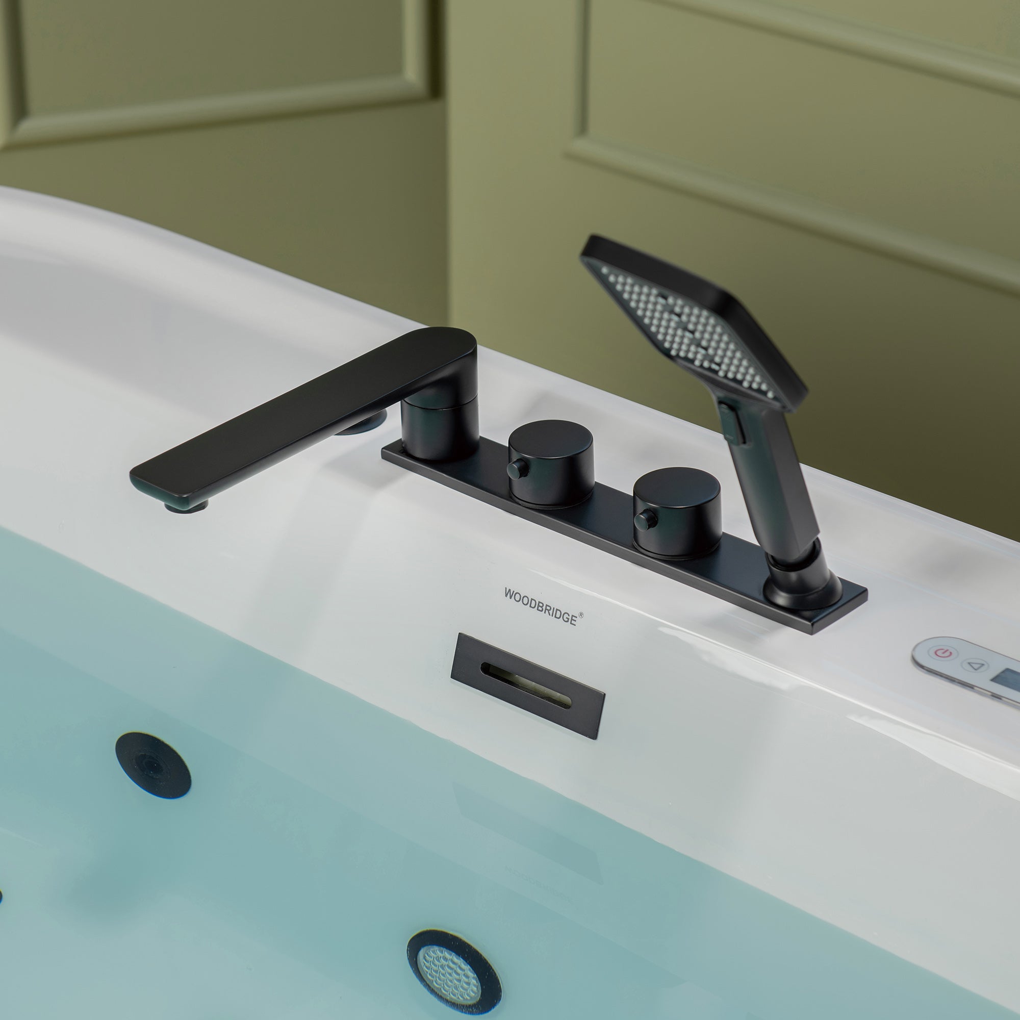 WOODBRIDGE 72" x 35-3/8" Whirlpool and Air Bath Heated Soaking Combination Tub with Adjustable Speed Air Blower, Tub Filler, and LED control panel, Matte Black Finish Trim and Drain Kit