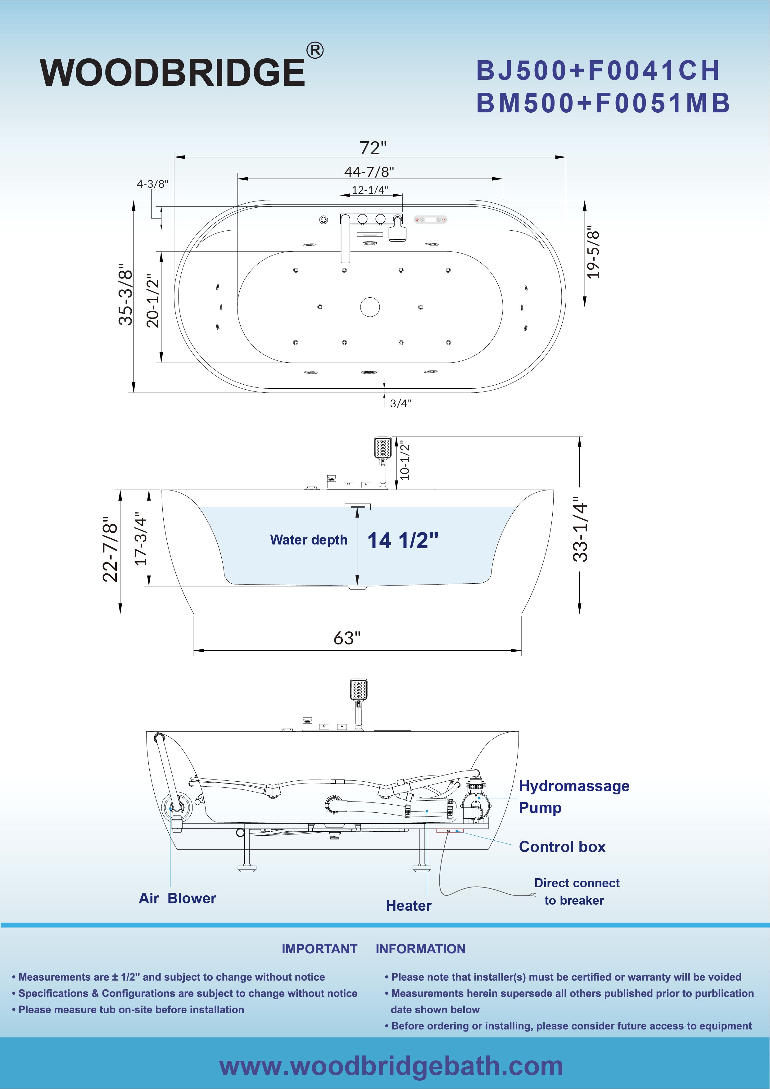 WOODBRIDGE 72" x 35-3/8" Whirlpool and Air Bath Heated Soaking Combination Tub with Adjustable Speed Air Blower, Tub Filler, and LED control panel, Matte Black Finish Trim and Drain Kit