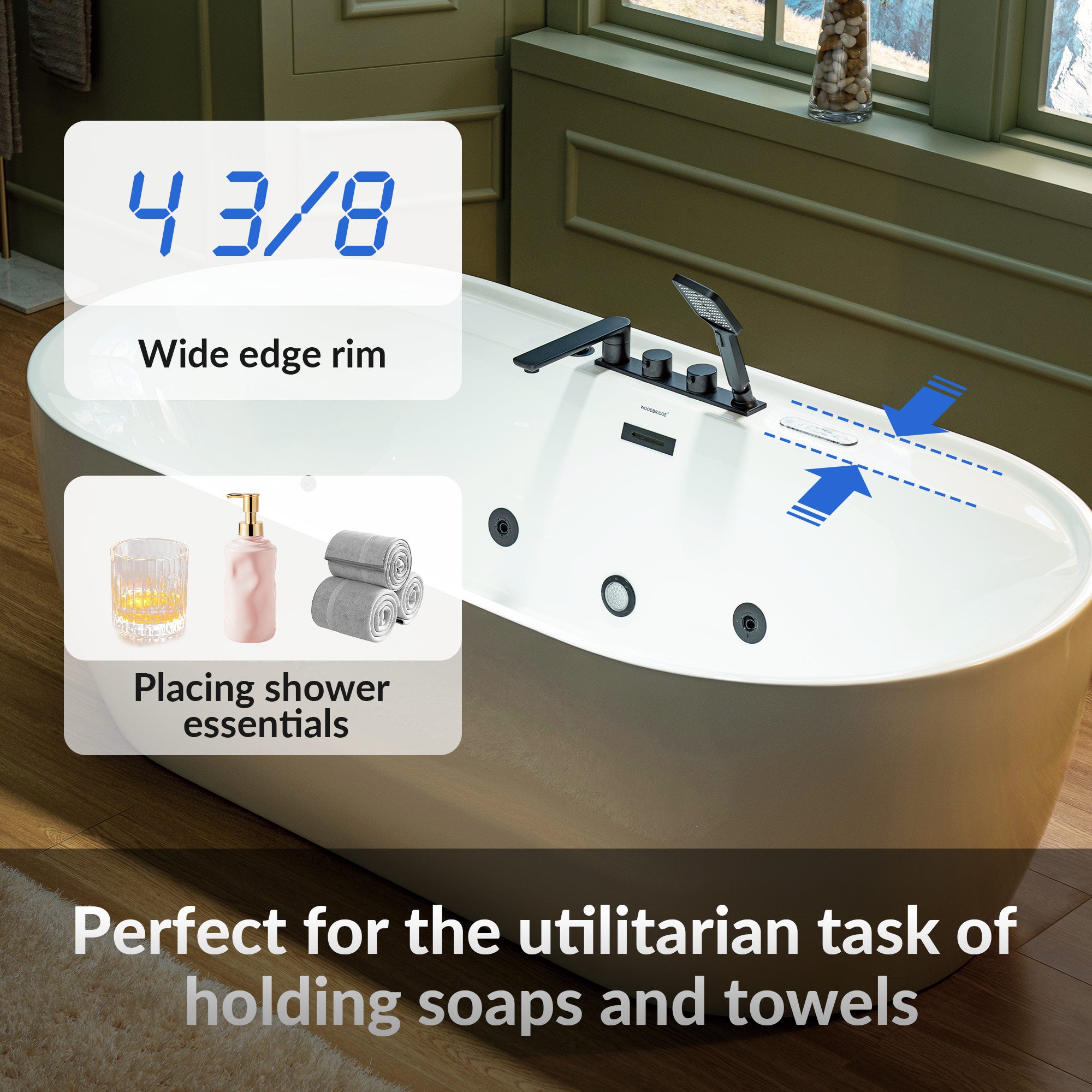 WOODBRIDGE 72" x 35-3/8" Whirlpool and Air Bath Heated Soaking Combination Tub with Adjustable Speed Air Blower, Tub Filler, and LED control panel, Matte Black Finish Trim and Drain Kit