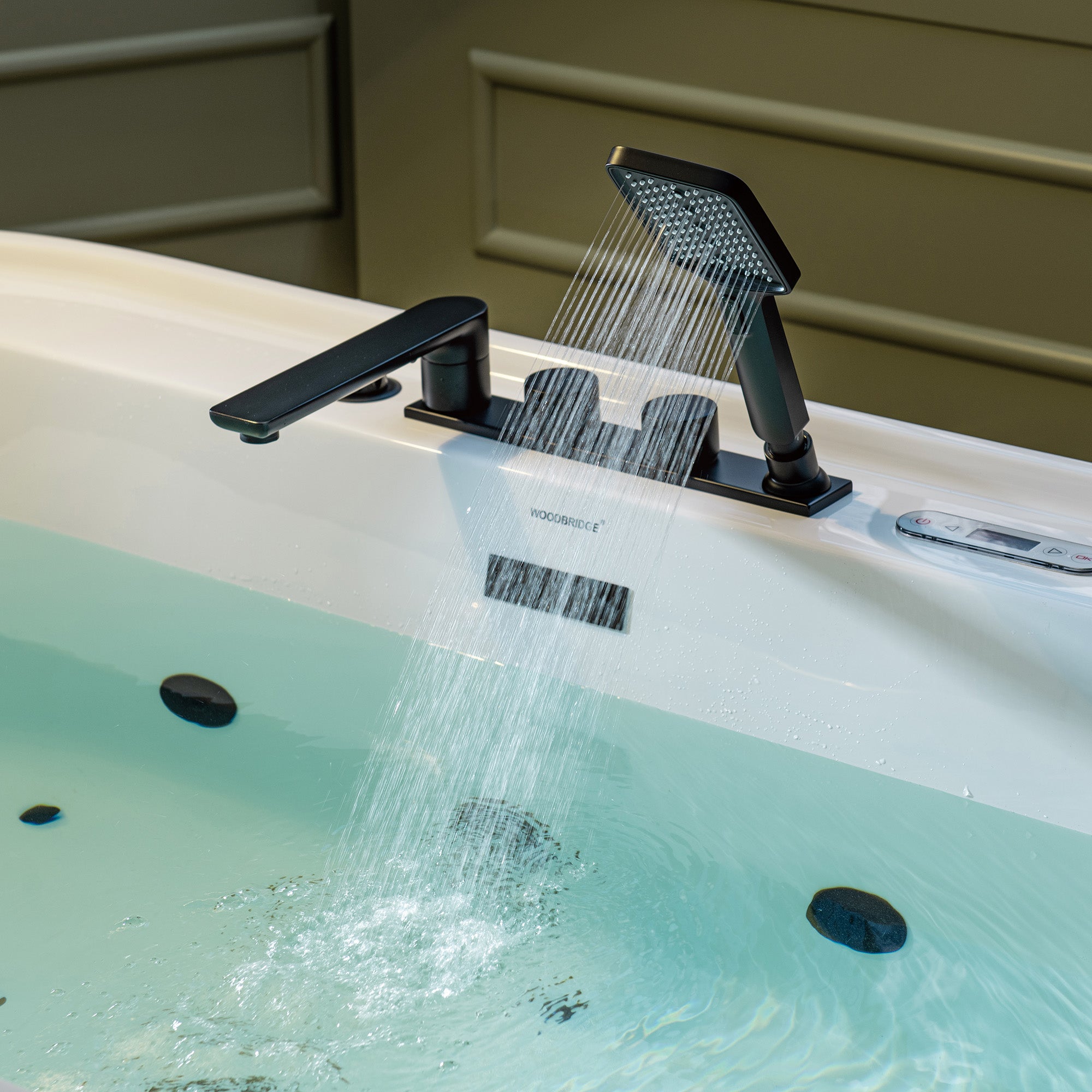 WOODBRIDGE 72" x 35-3/8" Whirlpool and Air Bath Heated Soaking Combination Tub with Adjustable Speed Air Blower, Tub Filler, and LED control panel, Matte Black Finish Trim and Drain Kit