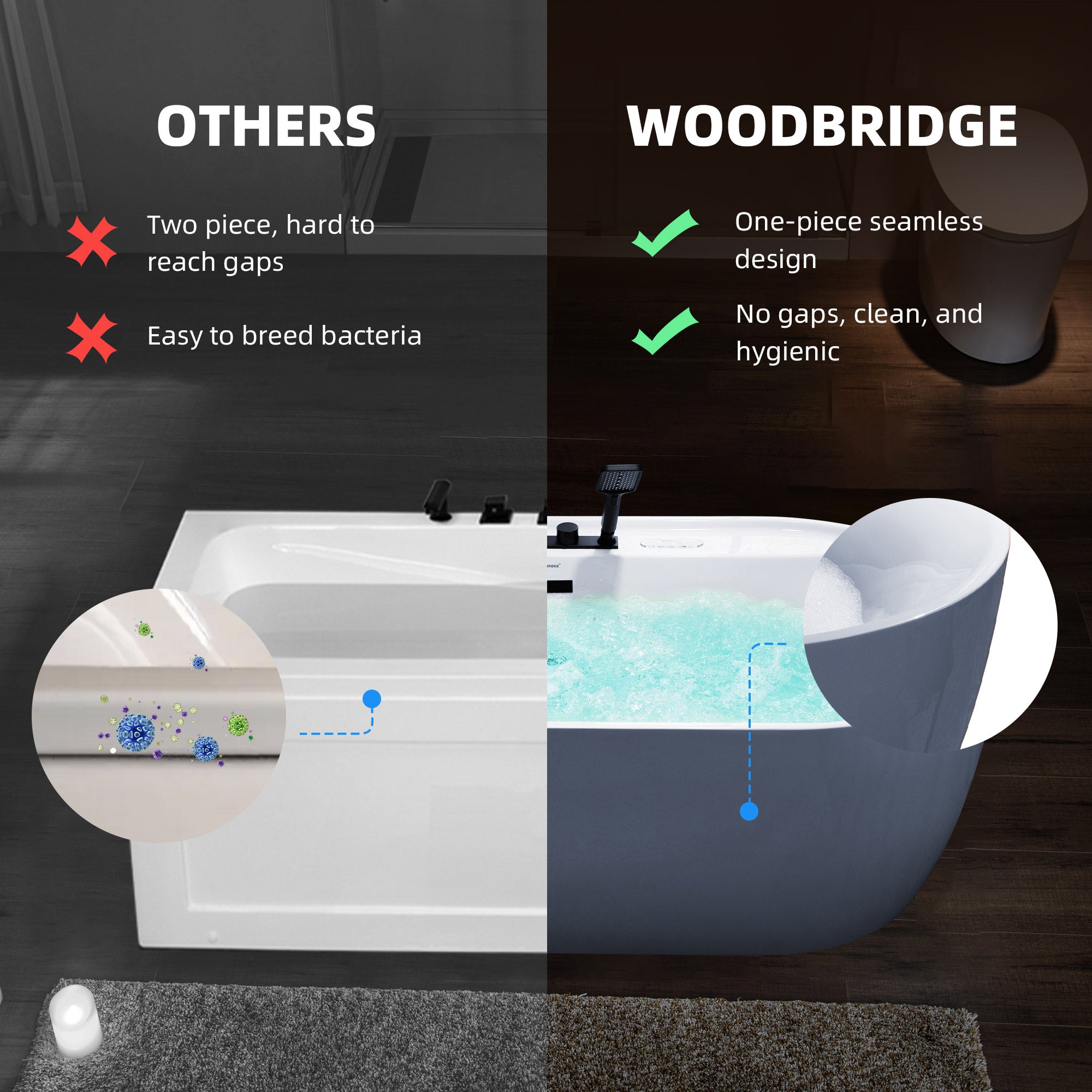 WOODBRIDGE 72" x 35-3/8" Whirlpool and Air Bath Heated Soaking Combination Tub with Adjustable Speed Air Blower, Tub Filler, and LED control panel, Matte Black Finish Trim and Drain Kit