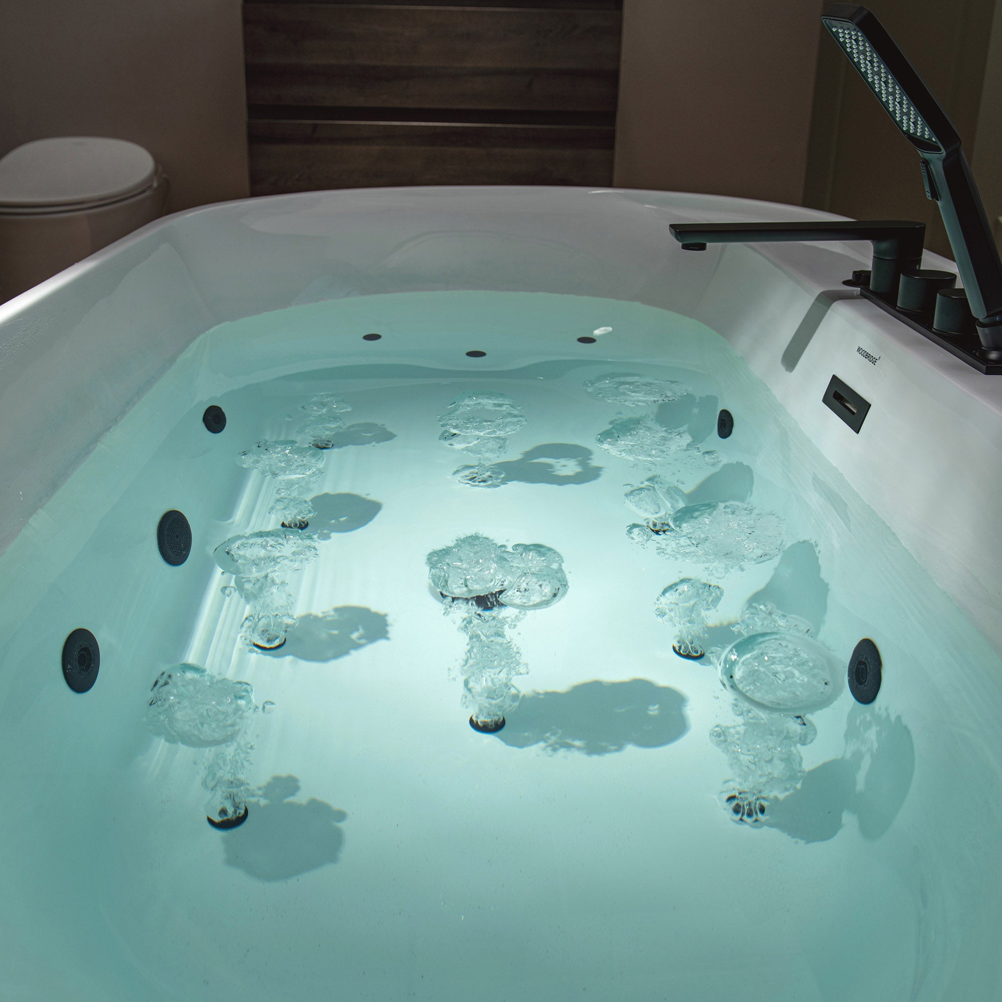 WOODBRIDGE 72" x 35-3/8" Whirlpool and Air Bath Heated Soaking Combination Tub with Adjustable Speed Air Blower, Tub Filler, and LED control panel, Matte Black Finish Trim and Drain Kit