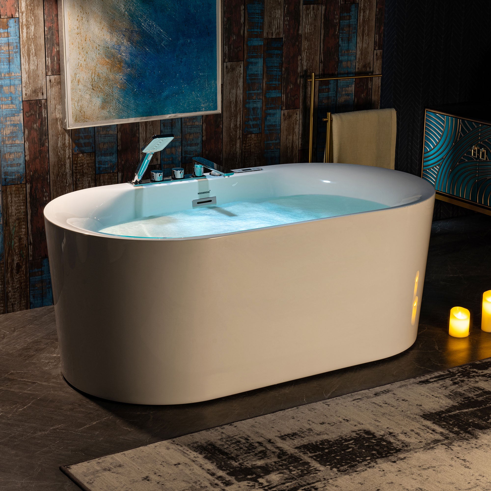 WOODBRIDGE 59" x 31-1/2" Whirlpool Water Jetted & Air Bubble Heated Freestanding Combination Bathtub with Tub Filler & LED Control – BJ100+F0041CH