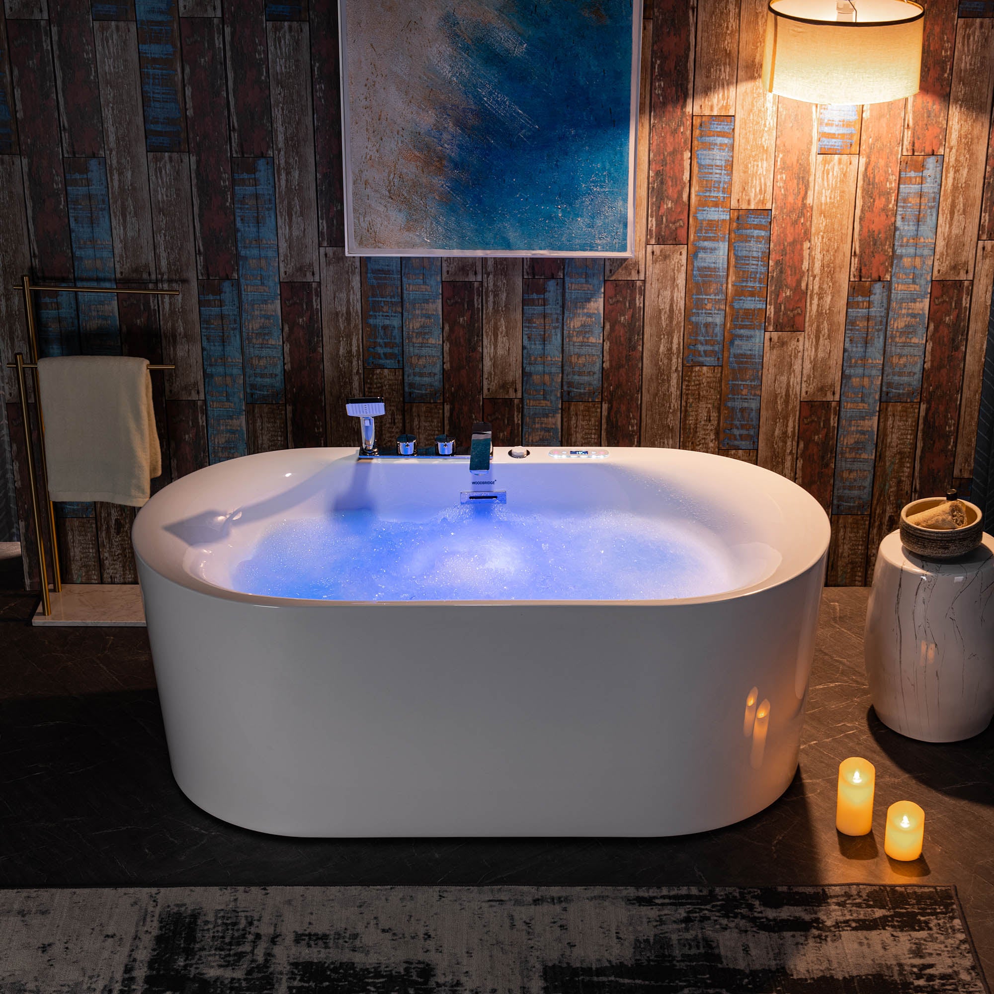 WOODBRIDGE 59" x 31-1/2" Whirlpool Water Jetted & Air Bubble Heated Freestanding Combination Bathtub with Tub Filler & LED Control – BJ100+F0041CH