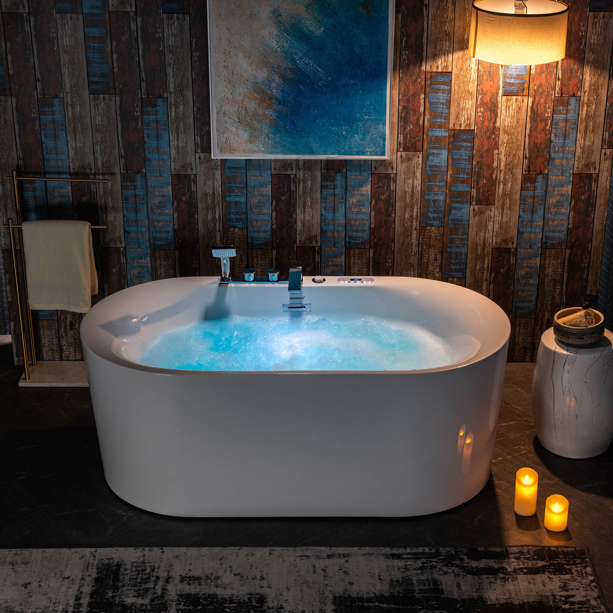 WOODBRIDGE 59" x 31-1/2" Whirlpool Water Jetted & Air Bubble Heated Freestanding Combination Bathtub with Tub Filler & LED Control – BJ100+F0041CH