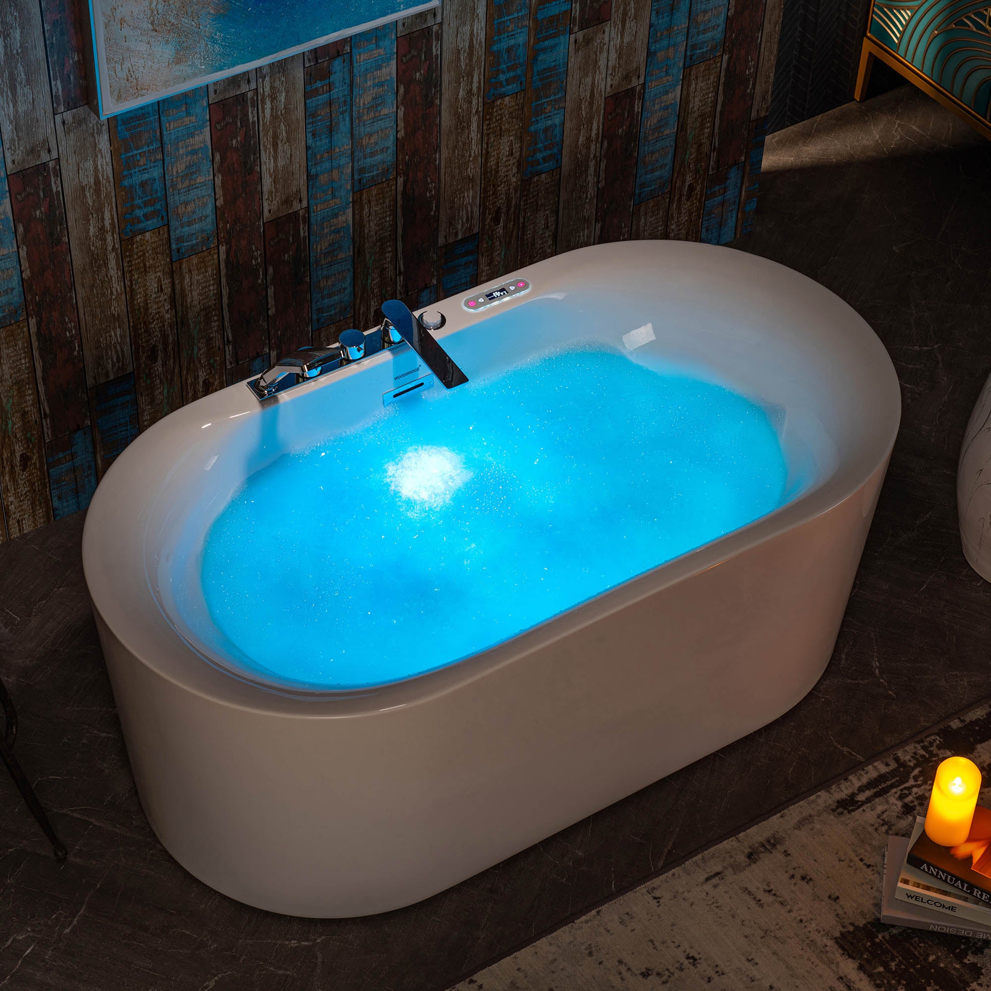 WOODBRIDGE 59" x 31-1/2" Whirlpool Water Jetted & Air Bubble Heated Freestanding Combination Bathtub with Tub Filler & LED Control – BJ100+F0041CH