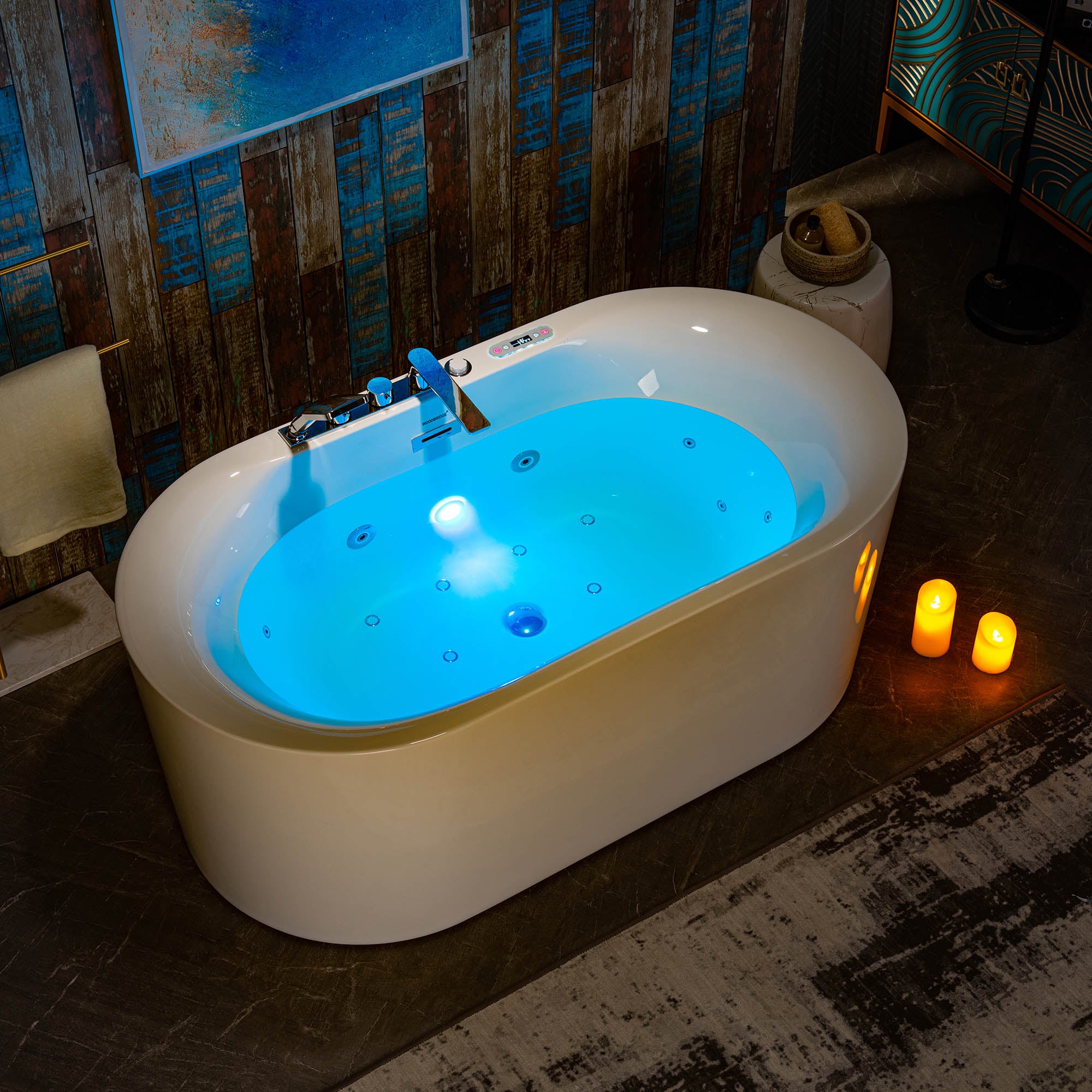 WOODBRIDGE 59" x 31-1/2" Whirlpool Water Jetted & Air Bubble Heated Freestanding Combination Bathtub with Tub Filler & LED Control – BJ100+F0041CH
