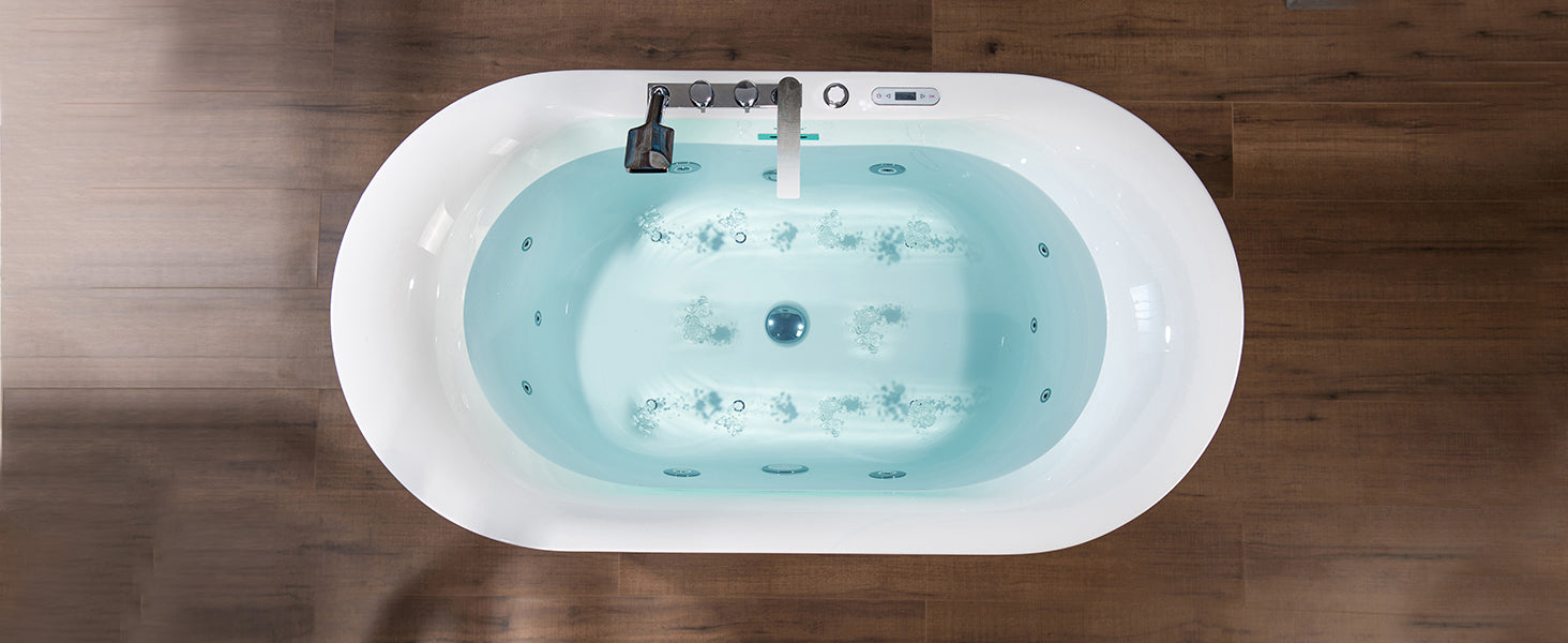WOODBRIDGE 59" x 31-1/2" Whirlpool Water Jetted & Air Bubble Heated Freestanding Combination Bathtub with Tub Filler & LED Control – BJ100+F0041CH
