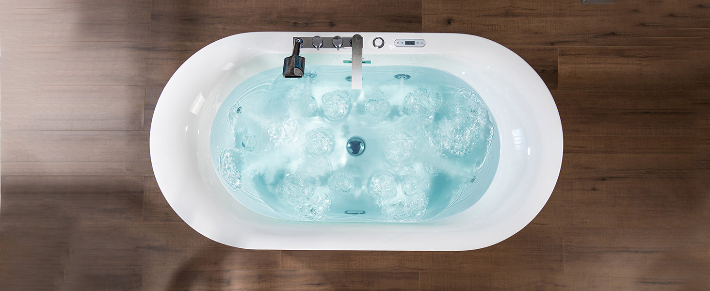 WOODBRIDGE 59" x 31-1/2" Whirlpool Water Jetted & Air Bubble Heated Freestanding Combination Bathtub with Tub Filler & LED Control – BJ100+F0041CH