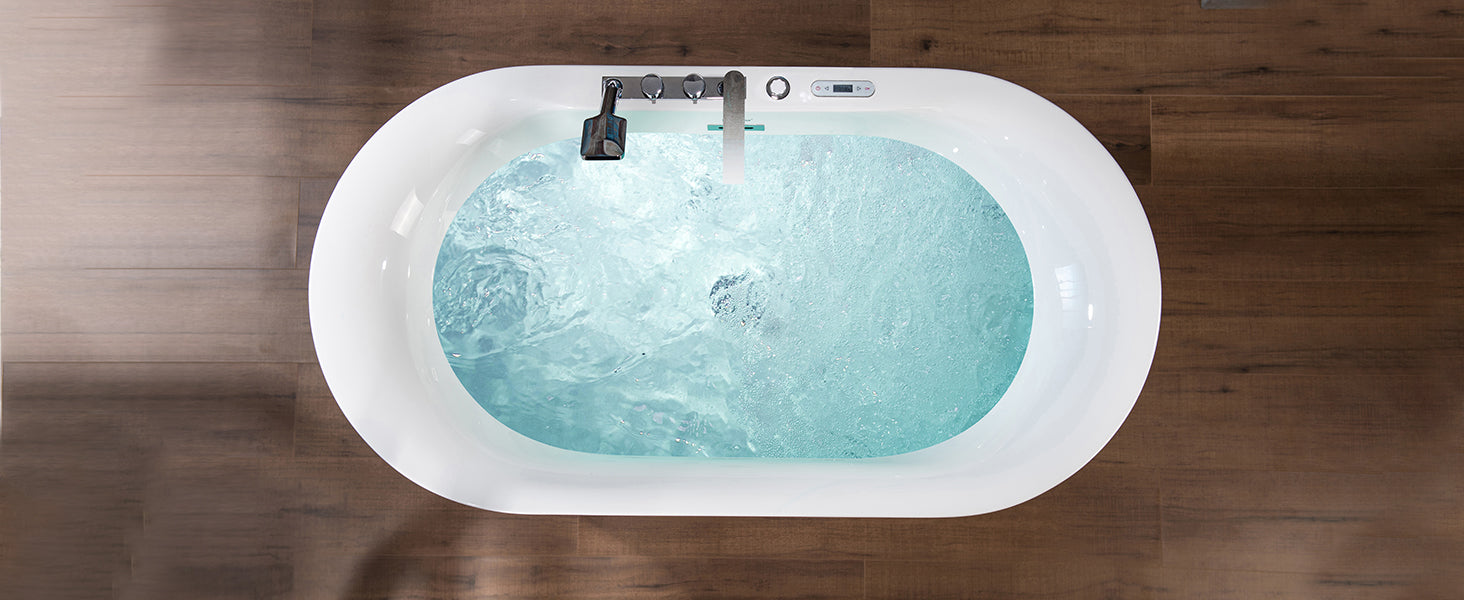 WOODBRIDGE 59" x 31-1/2" Whirlpool Water Jetted & Air Bubble Heated Freestanding Combination Bathtub with Tub Filler & LED Control – BJ100+F0041CH