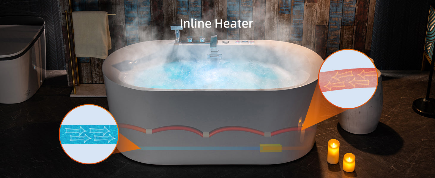 WOODBRIDGE 59" x 31-1/2" Whirlpool Water Jetted & Air Bubble Heated Freestanding Combination Bathtub with Tub Filler & LED Control – BJ100+F0041CH