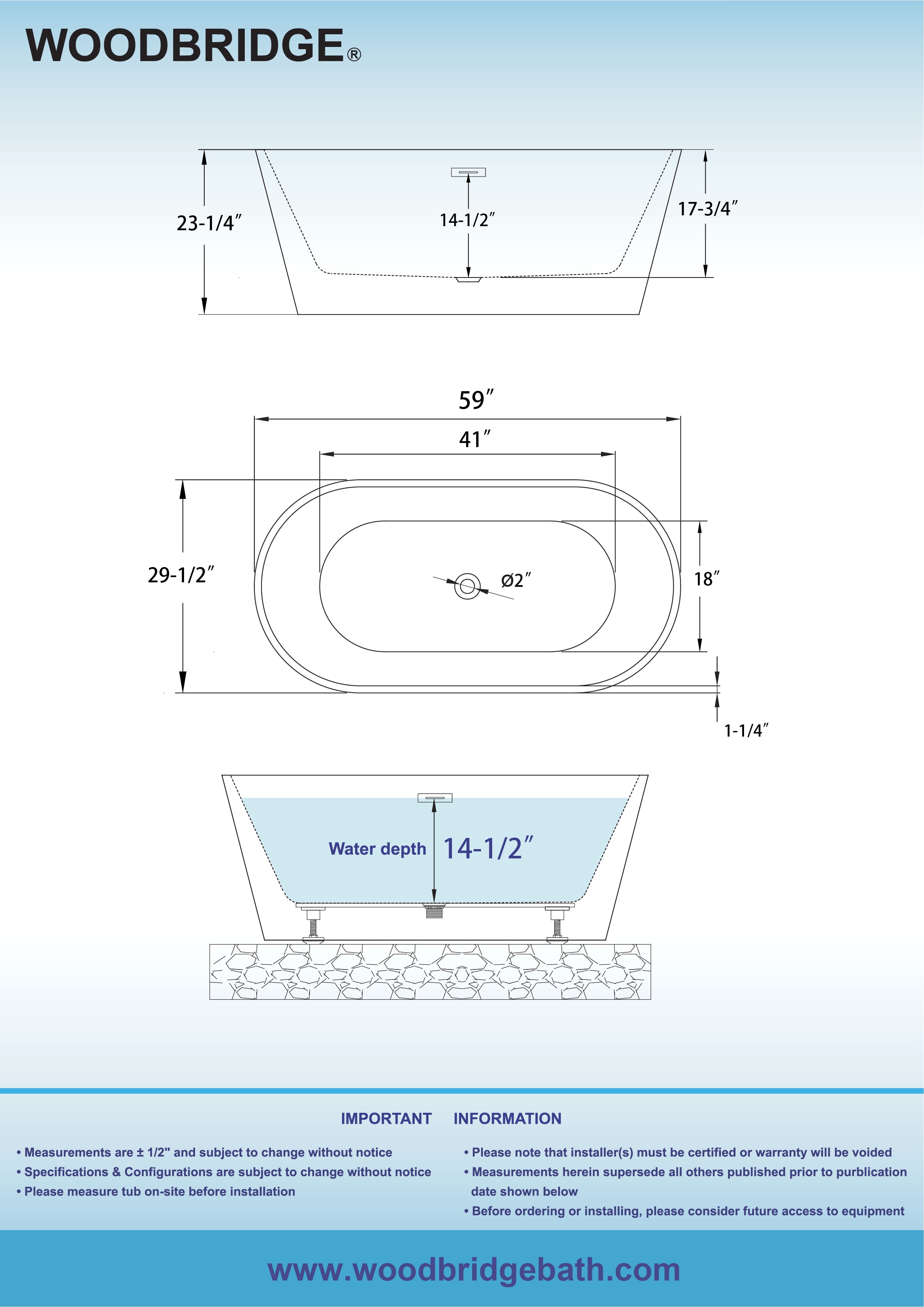 WOODBRIDGE 59" L x 29-1/2" W Freestanding Contemporary Acrylic Soaking Bathtub