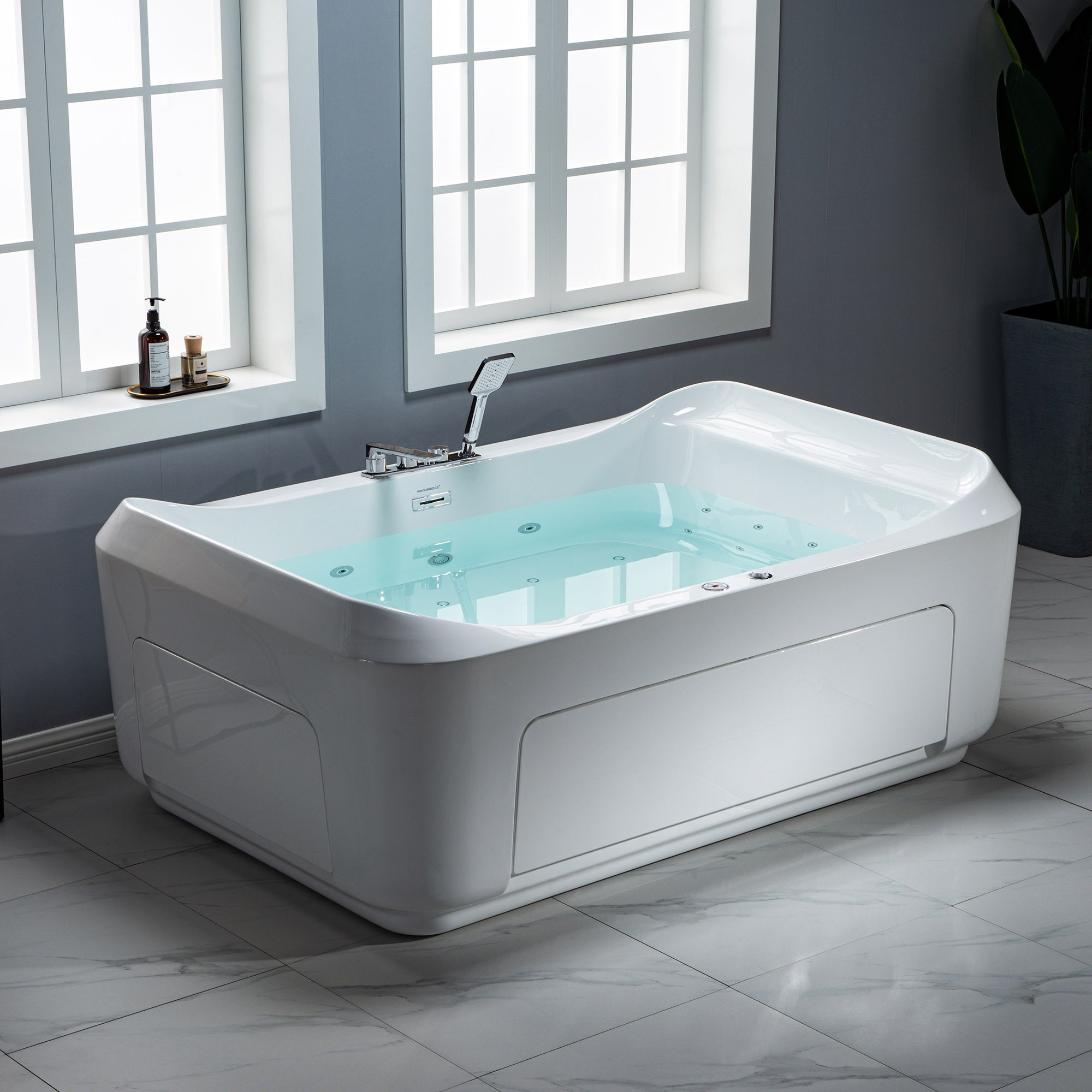 WOODBRIDGE 70-7/8"L x 47-1/4"W 2 Person Freestanding Hydrotherapy Whirlpool and Air Bath Heated Soaking Combination Massage Tub with Adjustable Speed Air Blower and Display Control Panel, B0091