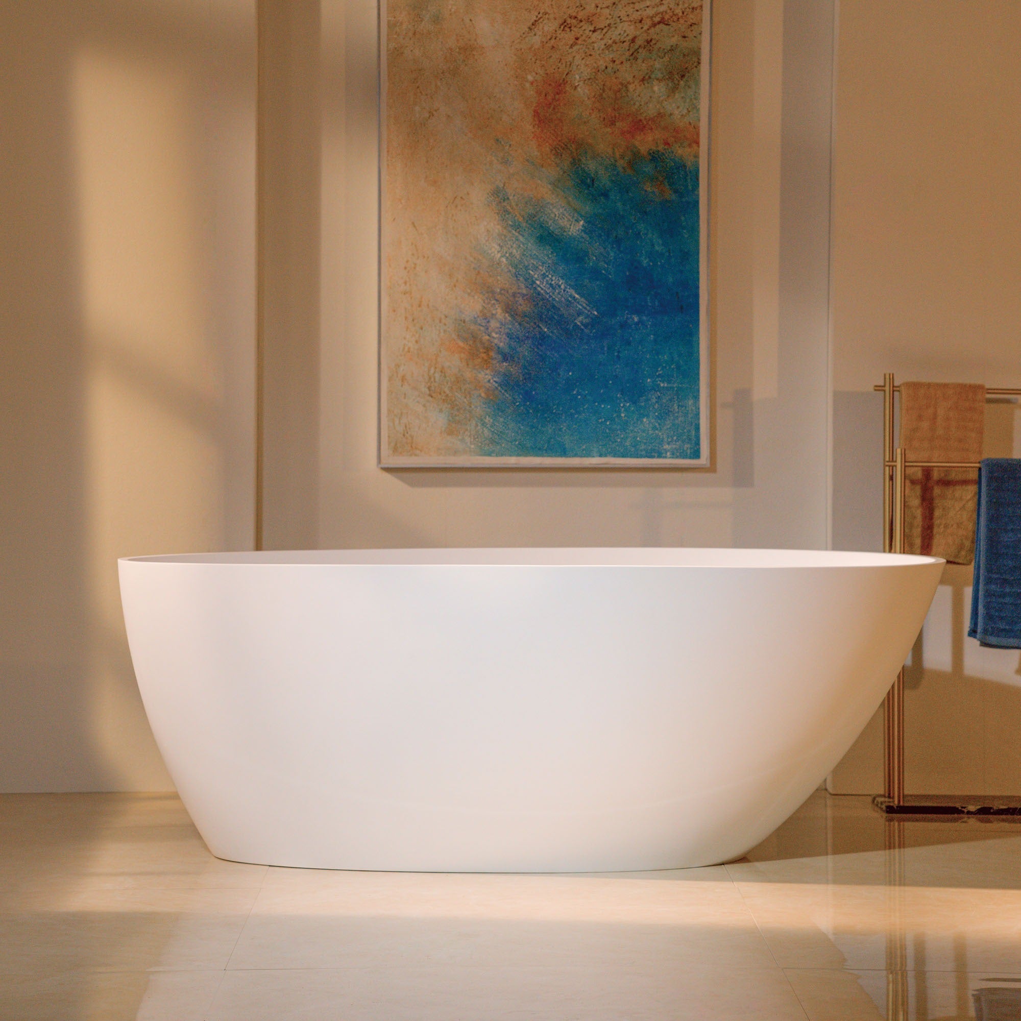 WOODBRIDGE 58-5/8" L x 29-1/8" W Luxury Contemporary Solid Surface Stone Resin Freestanding Bathtub in Matte White with 2-Drain Covers